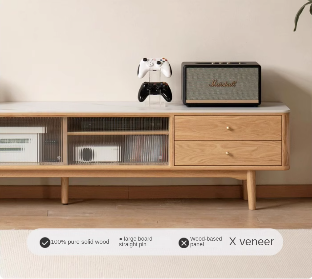 Solid Oak Wood Sliding Door TV Stand with Natural Rock Slab Surface - Modern Entertainment Center for Living Room & Home Theater