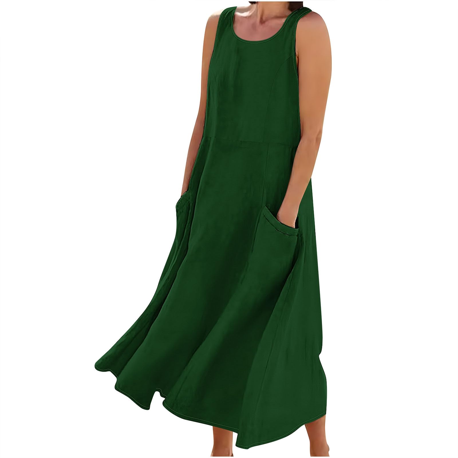 2024 Women's Beach Cotton Linen Dress - Solid Color Casual Sleeveless Flowy Maxi Dress with Pockets | Perfect for Summer Vacation, Beach Getaway and Boho Chic Outfits