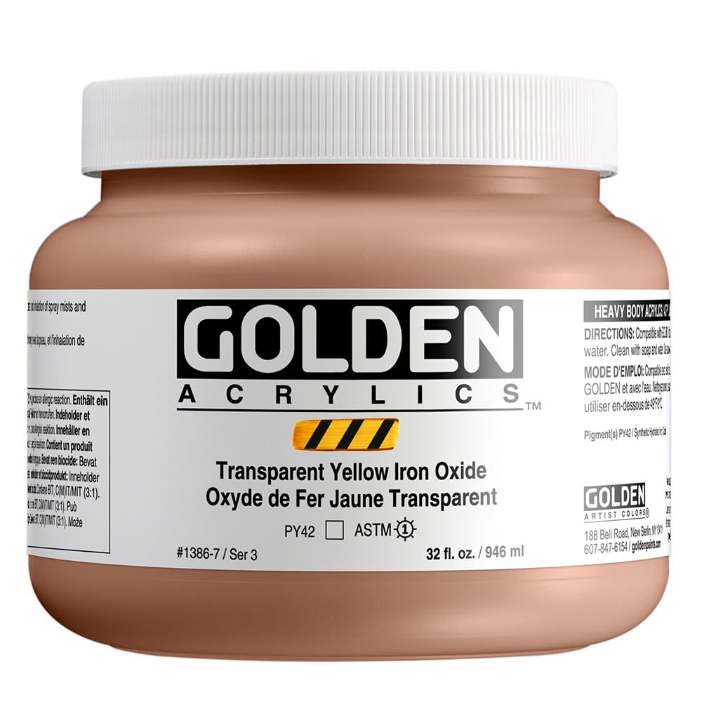 GOLDEN Heavy Body Acrylic Paint - Transparent Yellow Iron Oxide, 32 fl oz Jar, Professional Artist Grade Acrylics for Canvas Painting, DIY Art Projects & Home Decor