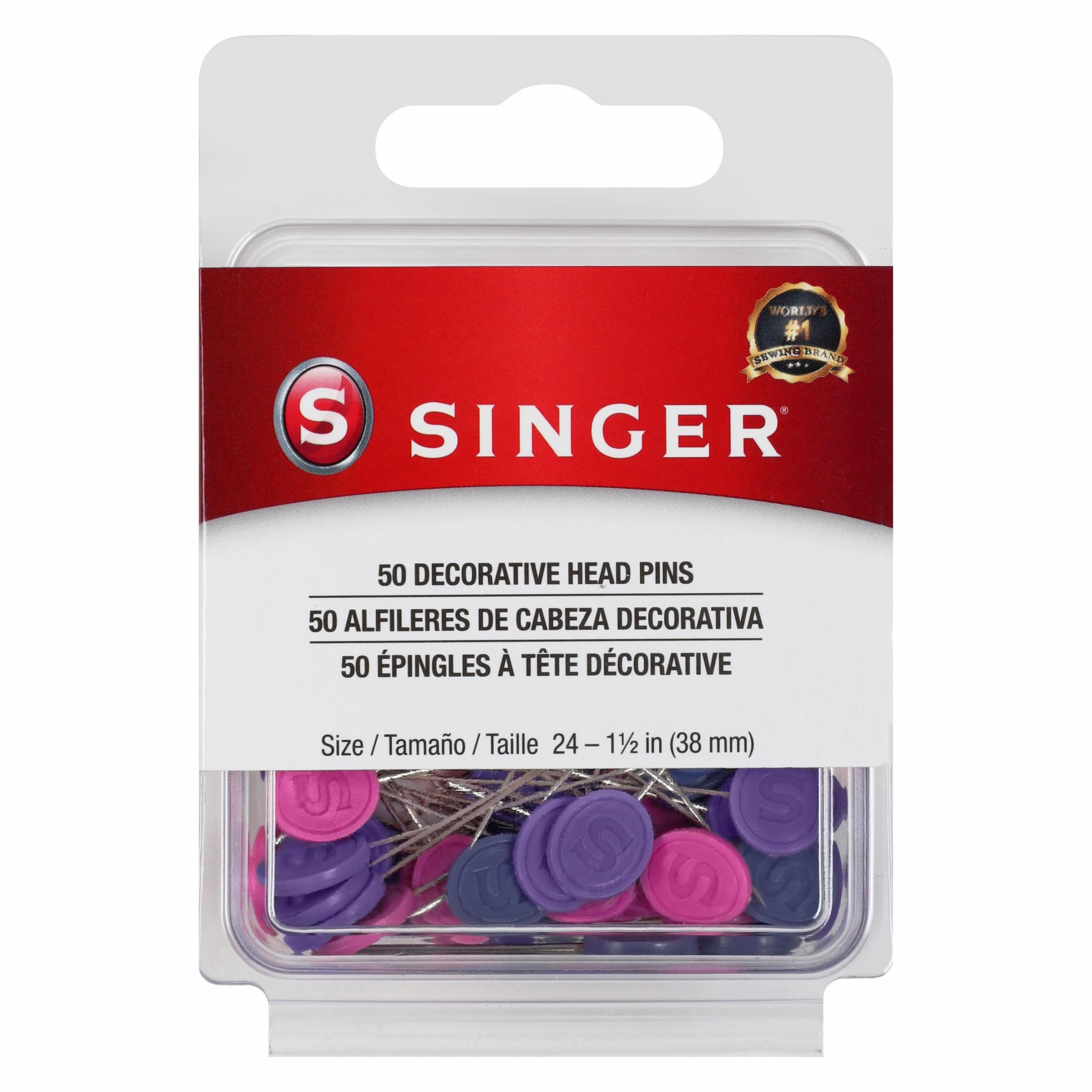 SINGER Size 24 Decorative Flat Head Pins - 50 Count Assorted Colors, Rust-Resistant Nickel-Plated Steel for Sewing, Quilting & Crafts - Perfect for Fabric Projects, DIY Home Decor & Scrapbooking
