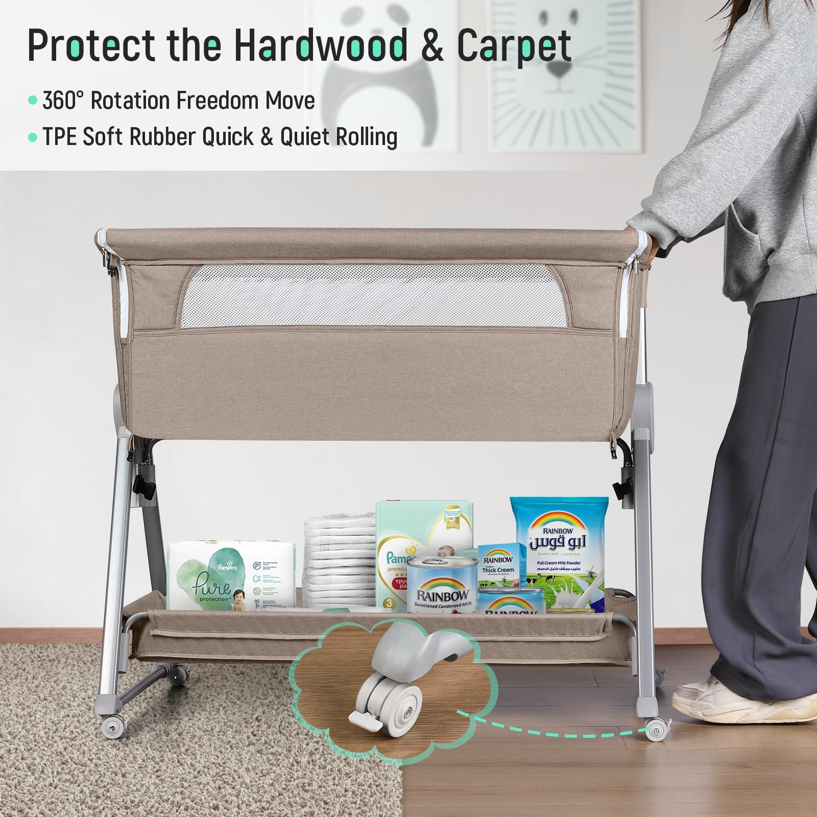 Cowiewie Portable Baby Bassinet - Light Brown Folding Bedside Sleeper with Storage Basket & Wheels for Newborns | Nursery, Bedroom & Travel Use | Reduce Mom's Fatigue