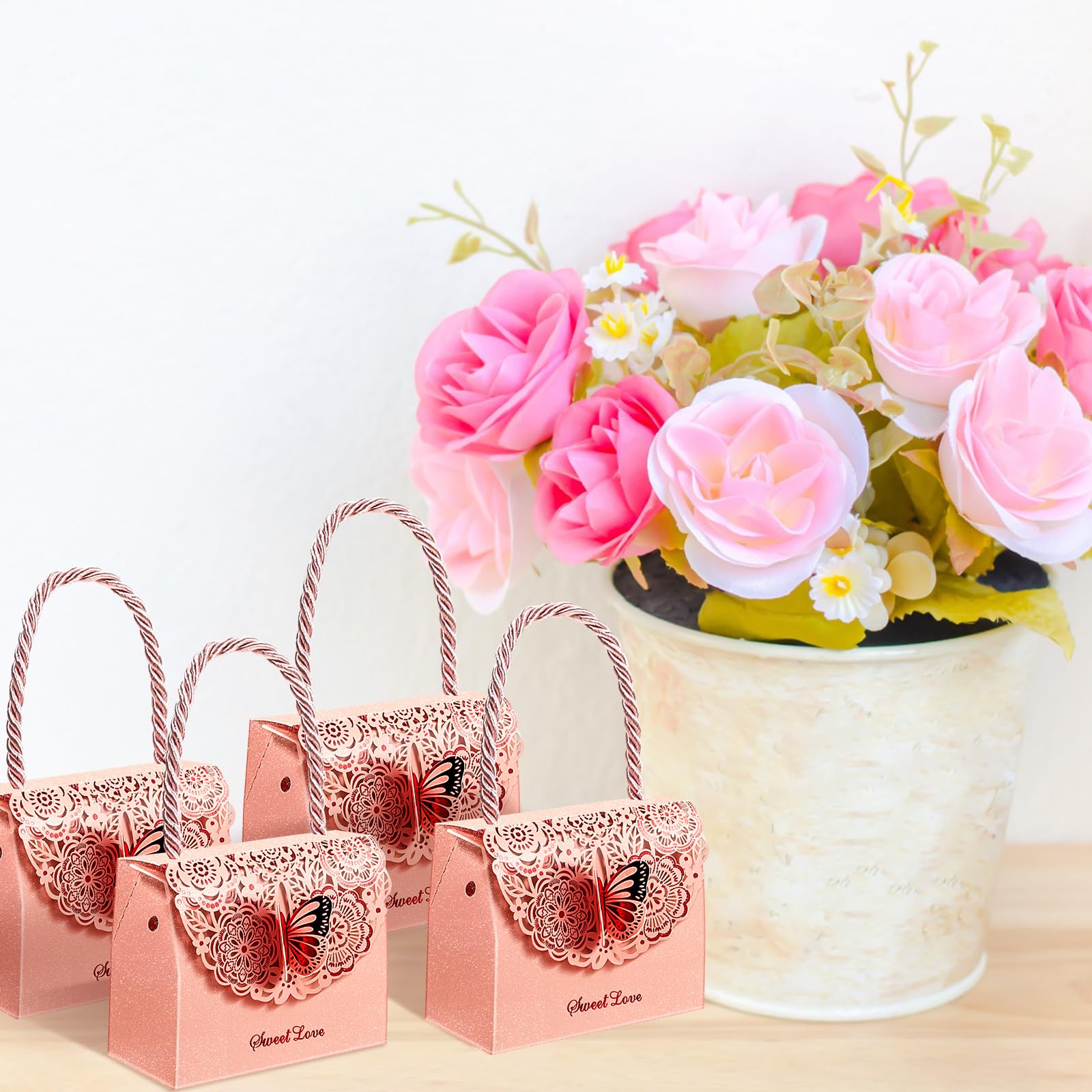 50 Pcs Pink Butterfly Party Favor Bags - Elegant Wedding, Birthday & Bridal Shower Treat Boxes for Candy & Small Gifts - Perfect for Baby Showers, Graduations & Special Events