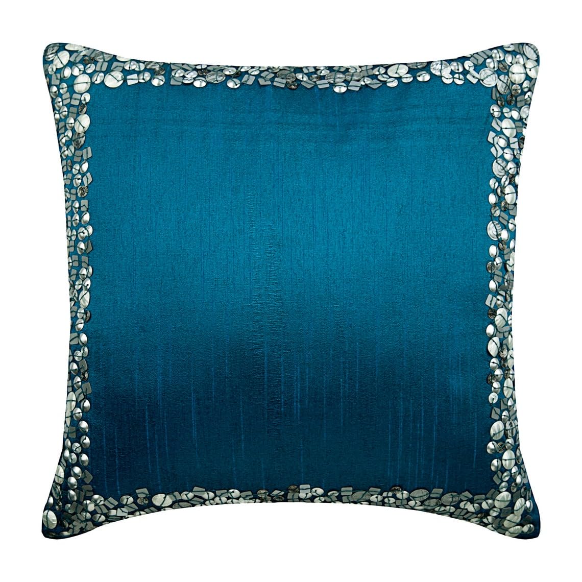 Royal Blue 18x18 Inch (45x45 cm) Square Silk Throw Pillow Cover with 3D Metallic Sequins Border - Elegant Home Decor for Sofa, Bed, Living Room & Office