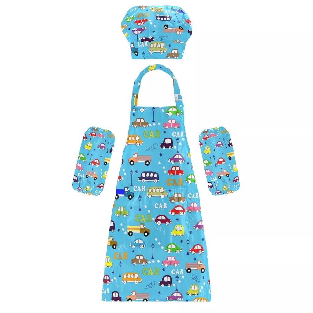 Cartoon Cats Print Kids Apron and Hat Set - Adjustable Bib Apron with Front Pocket & Elastic Cooking Cap for Children (50x60cm, Color 8) - Perfect for Baking, Cooking, Arts & Crafts Activities
