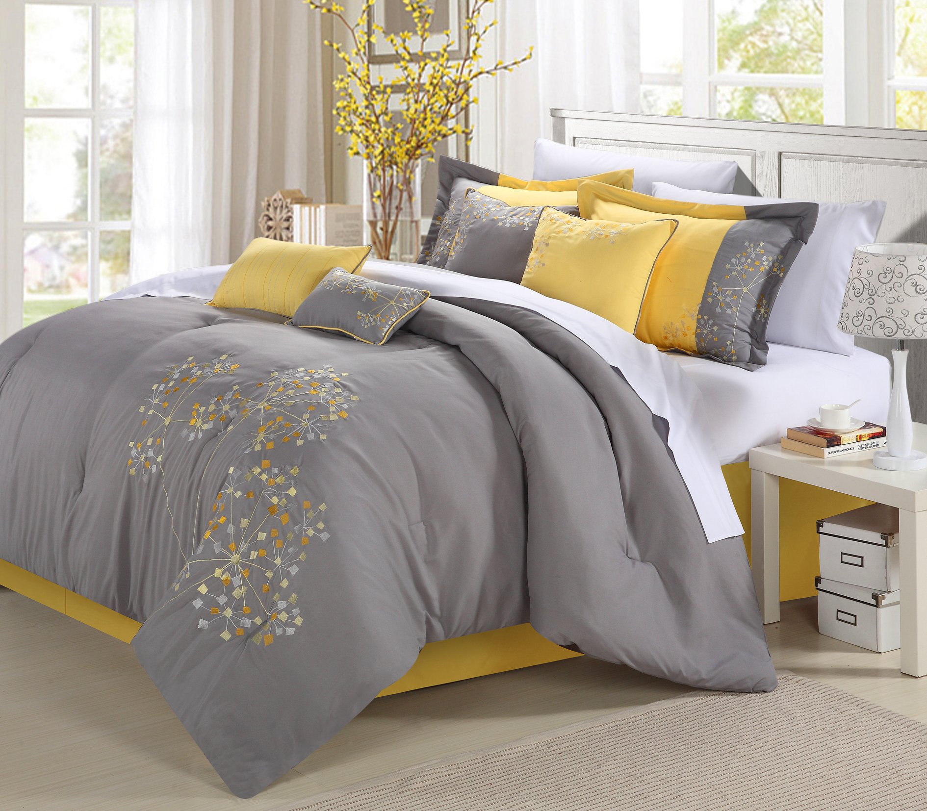 Chic Home 8-Piece Queen Size Embroidery Comforter Set - Pink Floral Yellow Design for Bedroom Decor | Soft & Cozy Bedding for Master Bedroom, Guest Room or Dorm