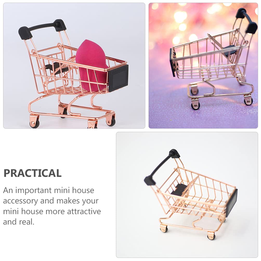 BESTOYARD Mini Shopping Cart - Metal Beauty Makeup Sponge Holder & Tiny Grocery Handcart - Cute Supermarket Toy for Kids Room Storage & Bathroom Organization
