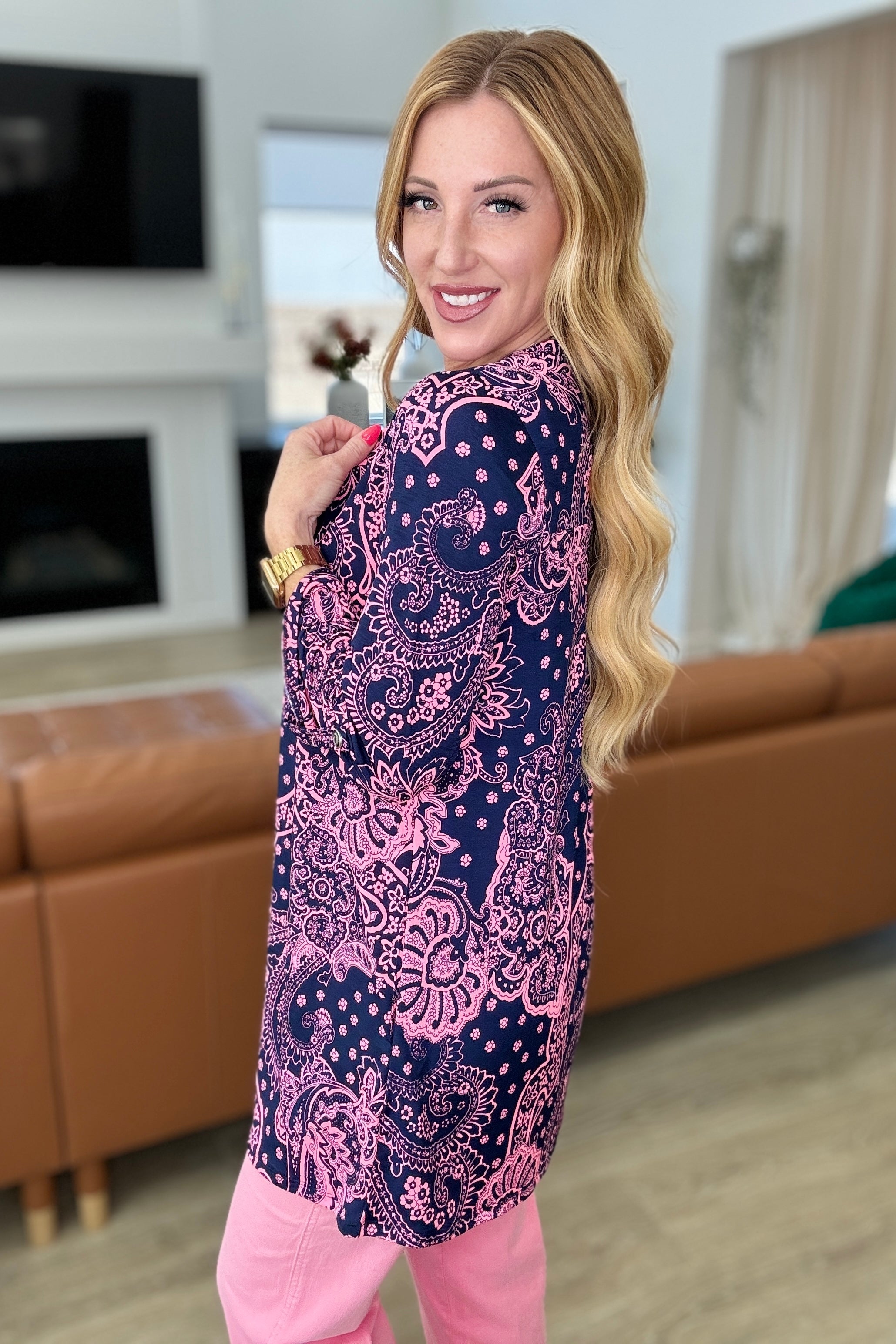 Lizzy Cardigan for Women - Navy & Pink Paisley Print Lightweight Knit Sweater | Perfect for Office, Date Night & Fall Layering