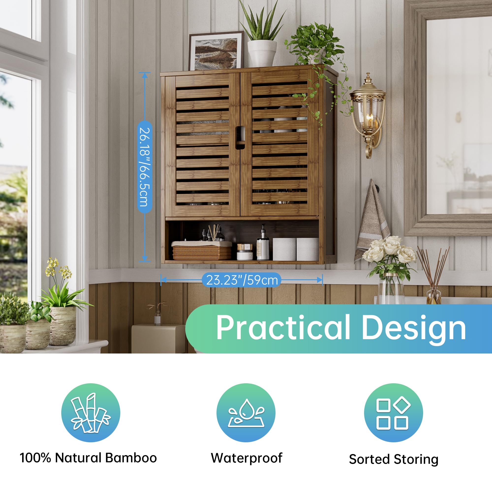 SMIBUY Wall Mounted Bamboo Bathroom Cabinet - Over The Toilet Storage Organizer with 2 Doors & Adjustable Shelves - Space Saving Medicine Cabinet for Bathroom Organization (Walnut) - Perfect for Small Bathrooms, Apartments and RV Living