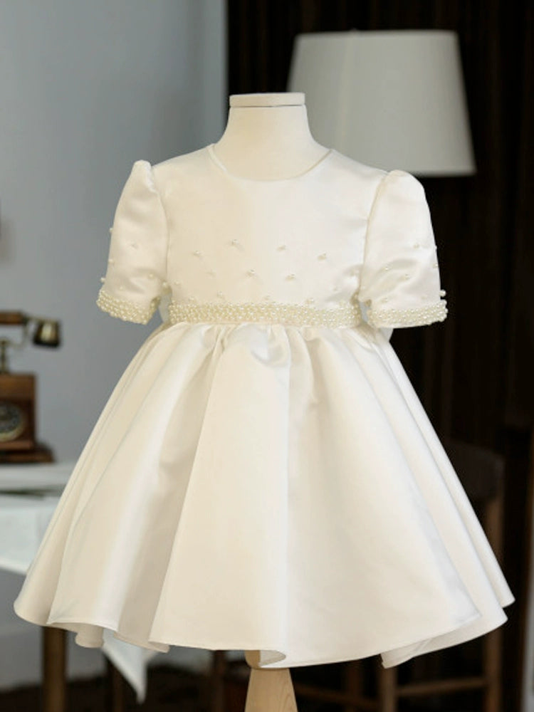 Princess Round Tea Length Satin Flower Girl Dress - White Flower Girl Dress for Weddings, Birthday Parties & Special Occasions