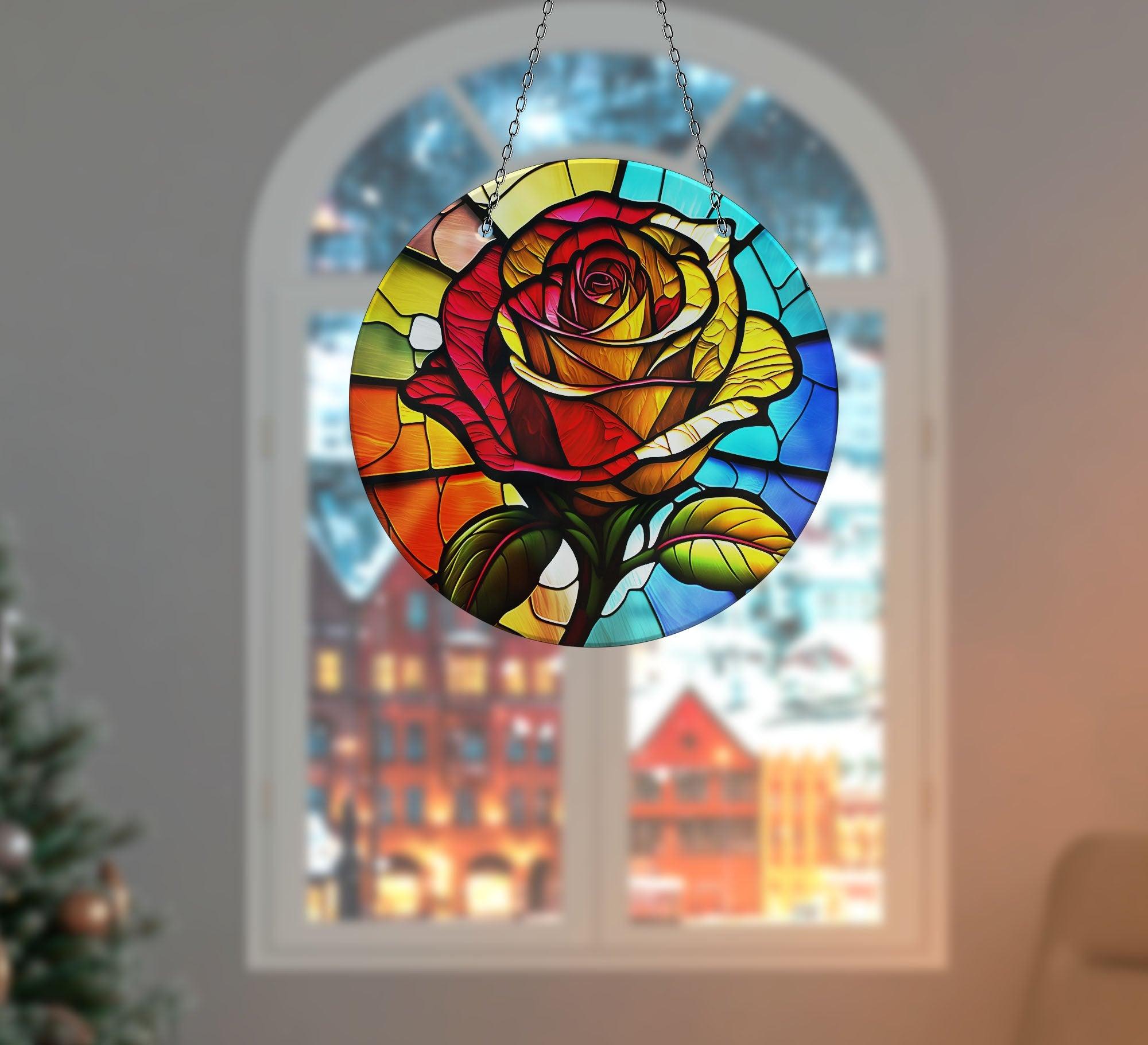 Vibrant Stained Glass Rose Suncatcher - Handmade Window Decor for Home, Office & Garden - Perfect for Gifts, Wedding Decor & Sunshine Display