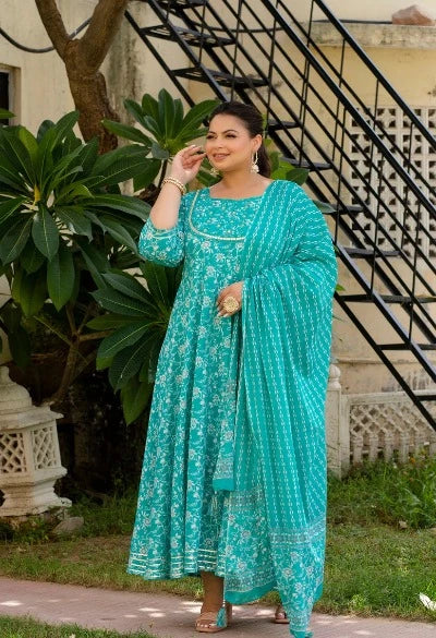 **Elegant Plus Size Sea Green Embroidered Anarkali Kurta Dupatta Set for Women – Perfect for Weddings, Festivals & Special Occasions**