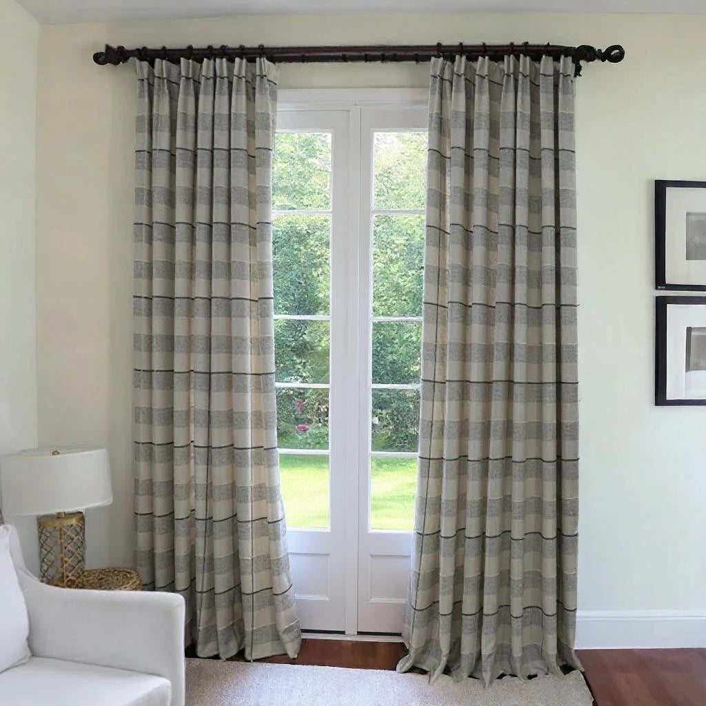 Remy Grey Stripe Gingham Blackout Curtains - Custom Size Room Darkening Window Treatment for Bedroom, Living Room & Nursery