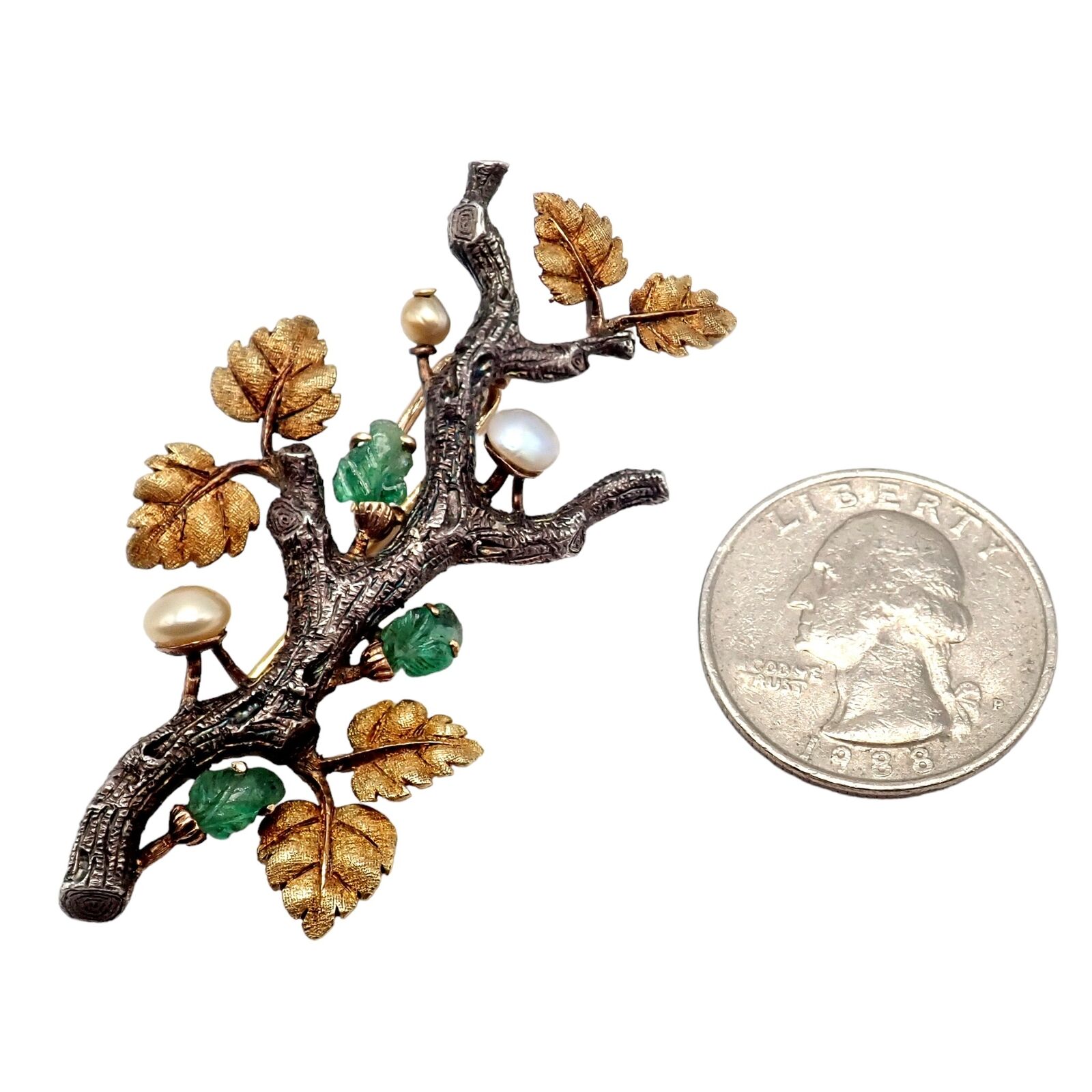 Vintage Buccellati 18K White & Yellow Gold Carved Emerald Branch Brooch Pin - Elegant Jewelry for Women, Perfect for Weddings, Parties & Special Occasions