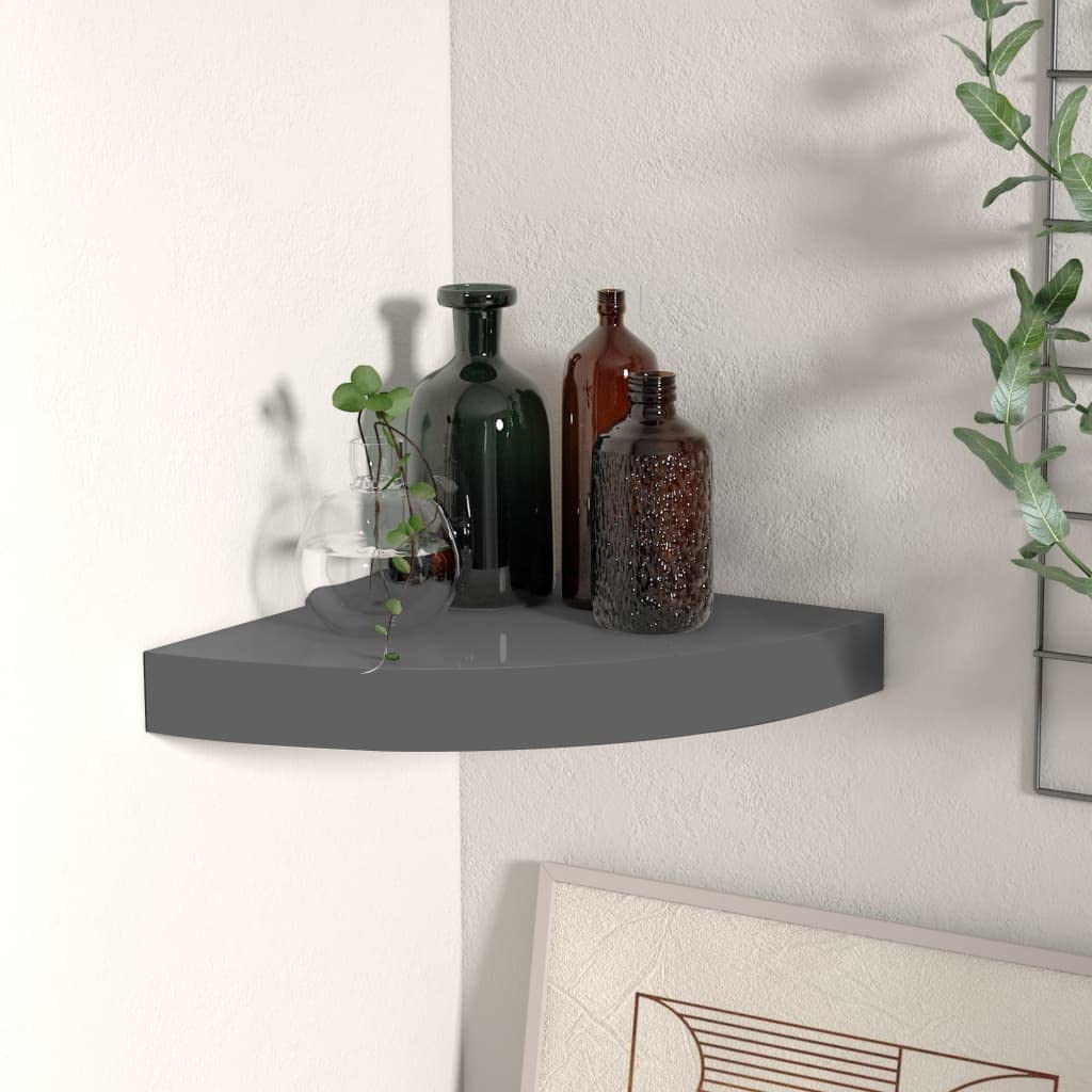 Floating Corner Shelves for Wall - 9.8x9.8x1.5 Inch MDF Wall Mounted Corner Shelf - High Gloss Gray Storage & Display Shelves for Kitchen, Bathroom, Living Room - Perfect for Organizing Spices, Decor & Bath Essentials