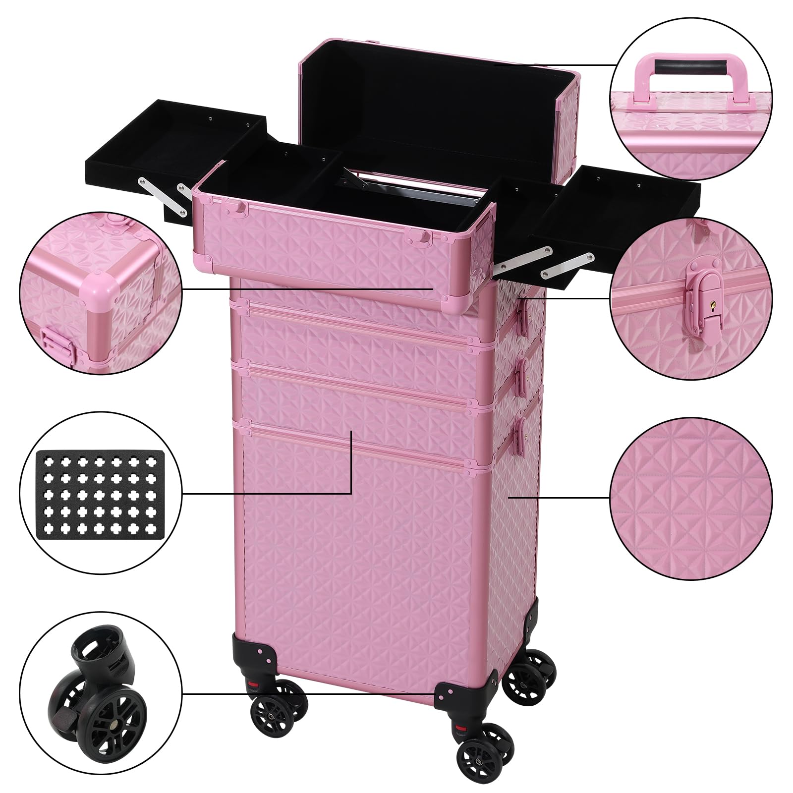 4-in-1 Rolling Train Case - Professional Portable Makeup Organizer with Trolley Cart | Cosmetic Storage & Travel Case for Makeup Artists (Pink) | Perfect for Salon, Home Use & On-the-Go Beauty Professionals