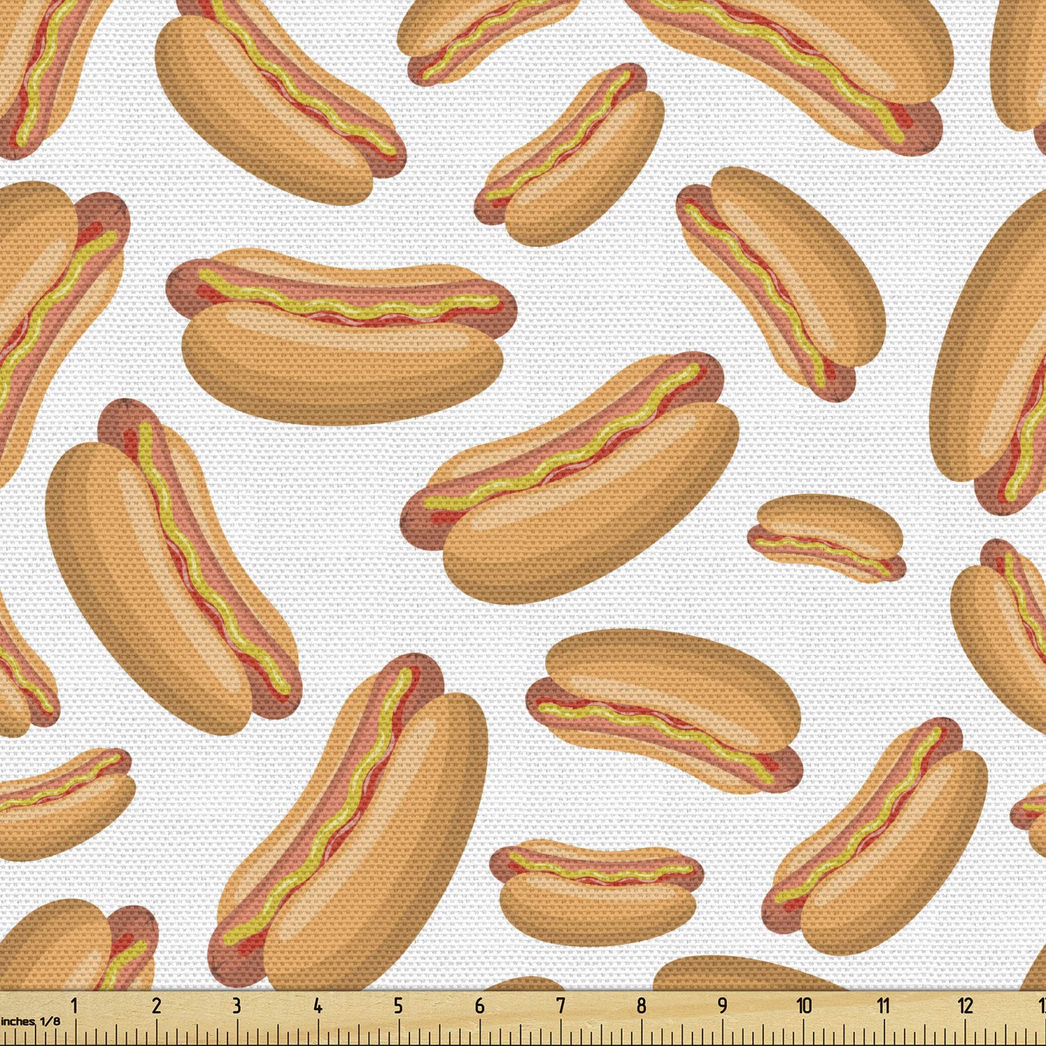 Ambesonne Hot Dog Print Fabric by The Yard - Simplistic Sandwich Doodle Design with Mustard & Ketchup - 2 Yards Multicolor Decorative Cotton Material for Upholstery, DIY Crafts, Home Decor & Fashion Accessories - Perfect for Pillows, Curtains, Tote Bags & Quilting Projects