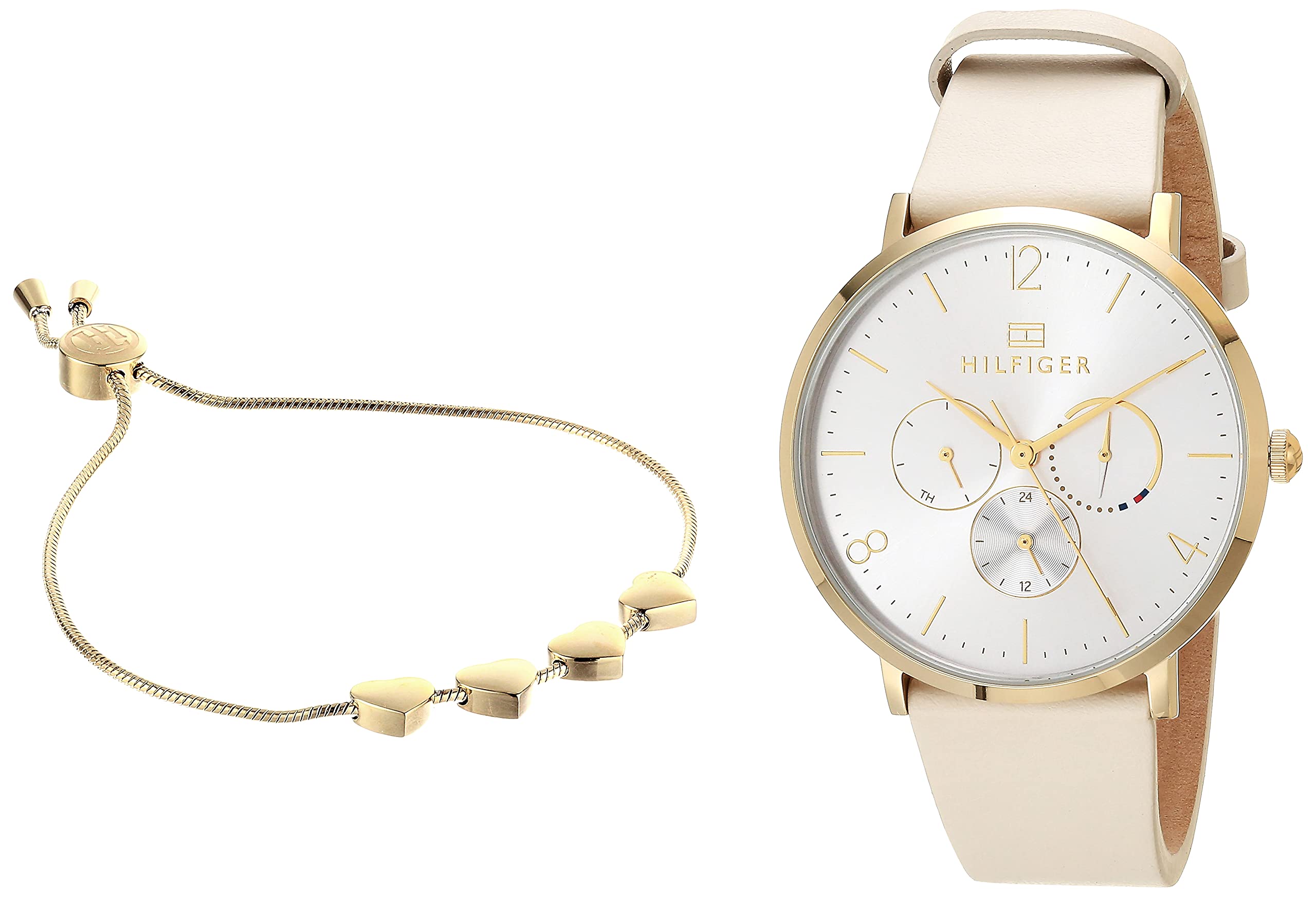 Tommy Hilfiger Women's Gold Plated Watch & Heart Charm Bracelet Jewelry Gift Set - Perfect for Birthday, Anniversary & Valentine's Day Gifts
