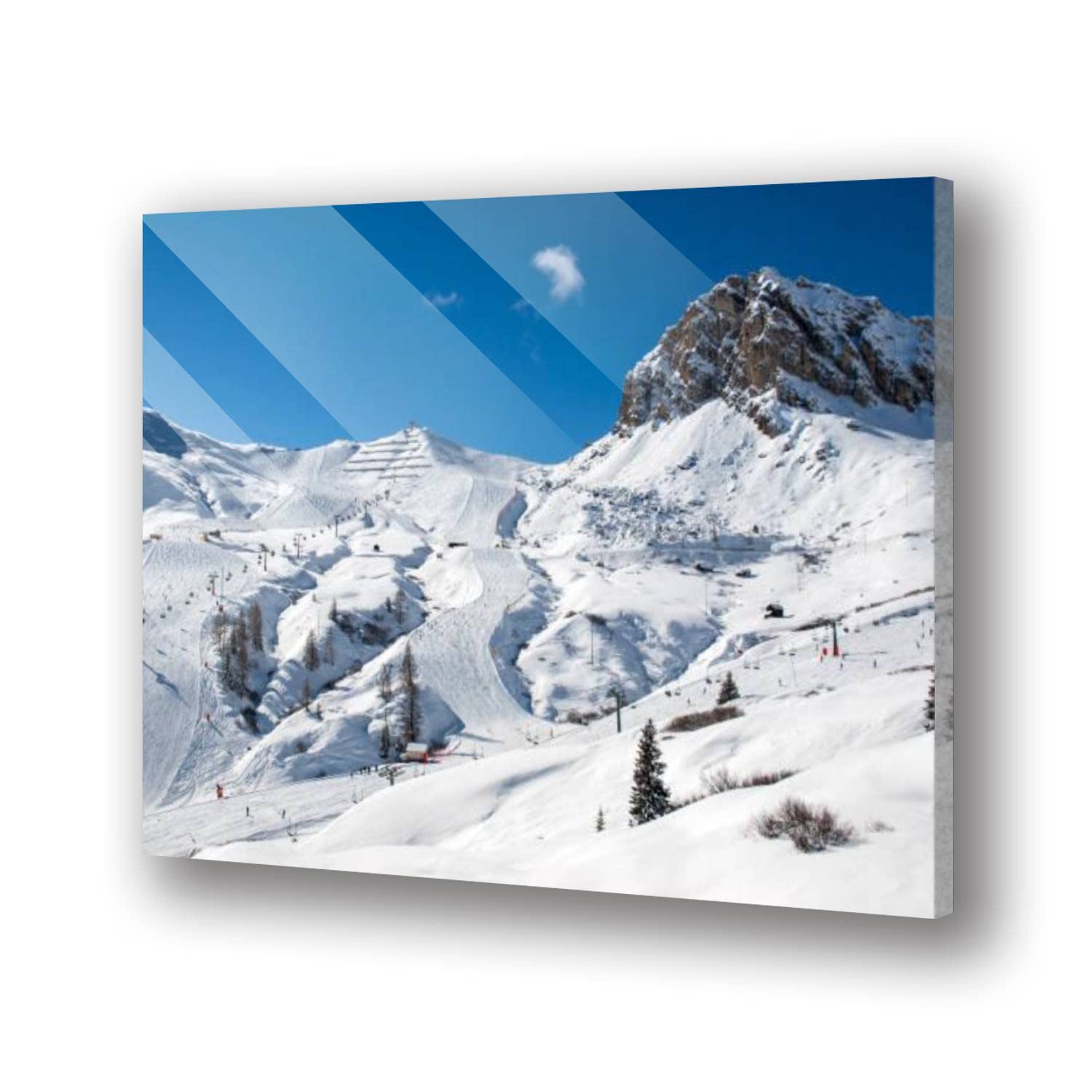Modern Acrylic Glass Wall Art - Dolomites Alps Skiing Landscape with Sella Group View - Tempered Acrylic Picture Print for Living Room, Bedroom & Office Decor - Perfect for Mountain Lovers & Winter Sports Enthusiasts