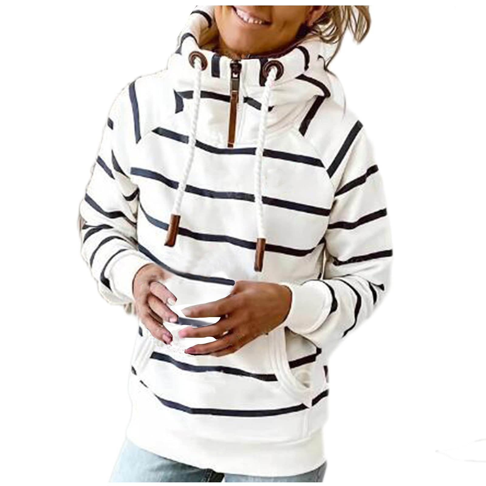 Women's Zip Hoodies Fashion Stripe Turtleneck Long Sleeve Sweatshirt with Drawstring & Pockets - Fall Casual Workout Tops for Outdoor Activities & Lounge Wear