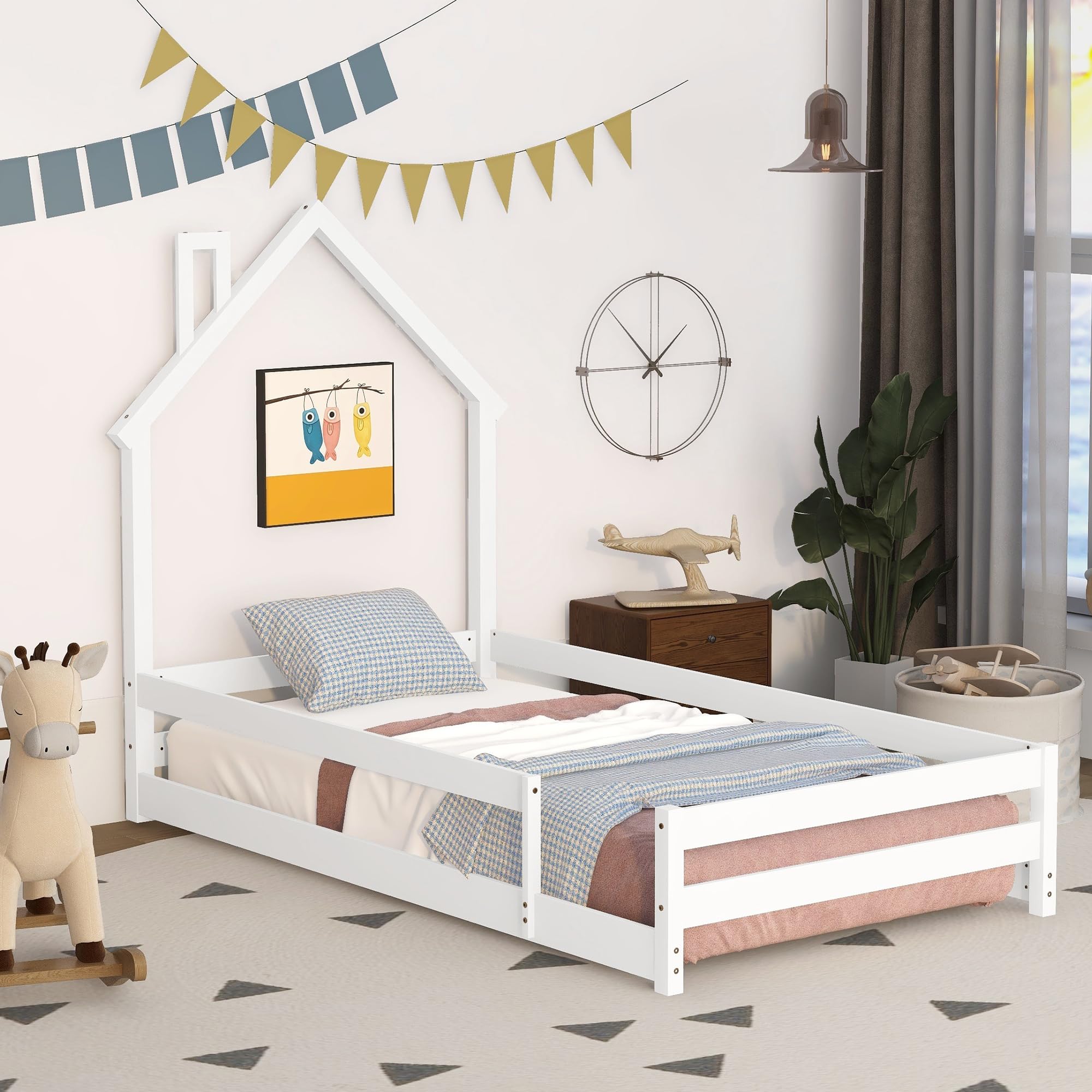 Bellemave Twin Size House-Shaped Headboard Floor Bed with Safety Fences - Solid Wood Montessori Bed for Kids, Toddlers & Teens - Playful House Bed Frame for Girls & Boys (White) - Perfect for Bedrooms, Playrooms & Montessori Learning Spaces