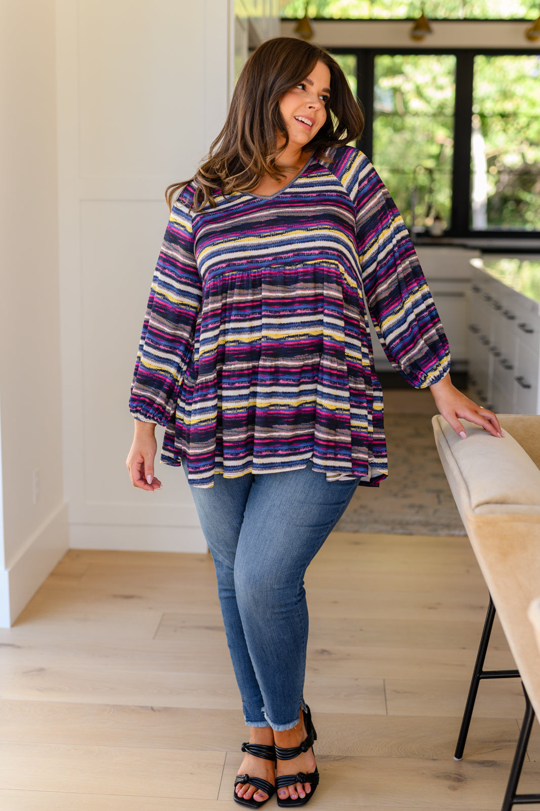 Circle Back Striped V Neck Top - Women's Casual Short Sleeve Blouse for Summer | Perfect for Office Wear, Date Night & Weekend Outfits