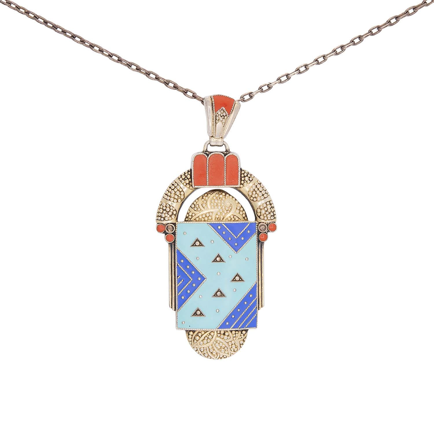 Vintage Art Deco Sterling Silver Enamel Pendant Necklace - Inspired by Theodor Fahrner - Elegant Jewelry Gift for Women, Perfect for Parties, Weddings & Special Occasions