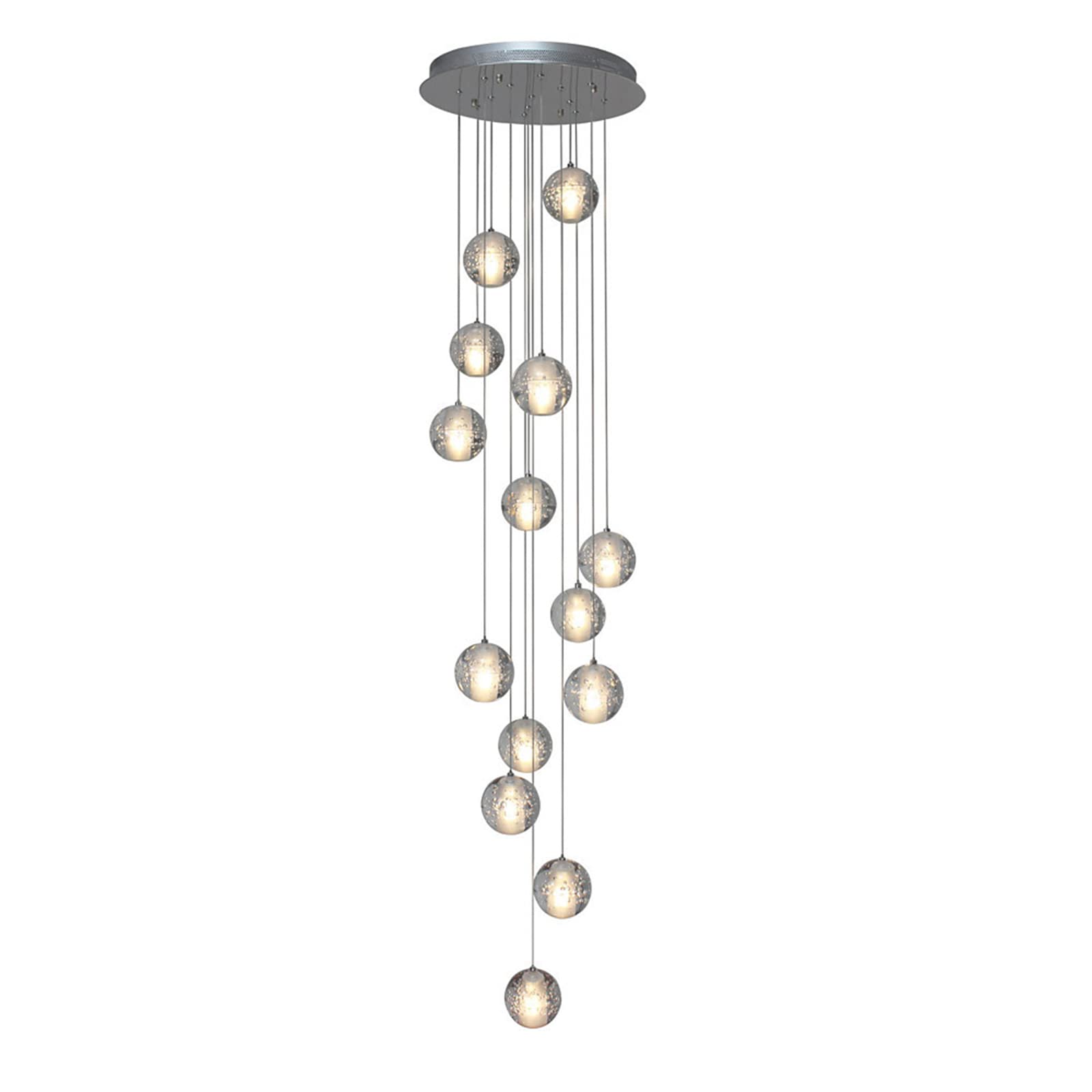 14 Heads Crystal Ball Pendant Light - Modern Adjustable Height Chandelier with Warm White LED (42W) for Living Room, Spiral Staircase, Hallway & Dining Room Lighting