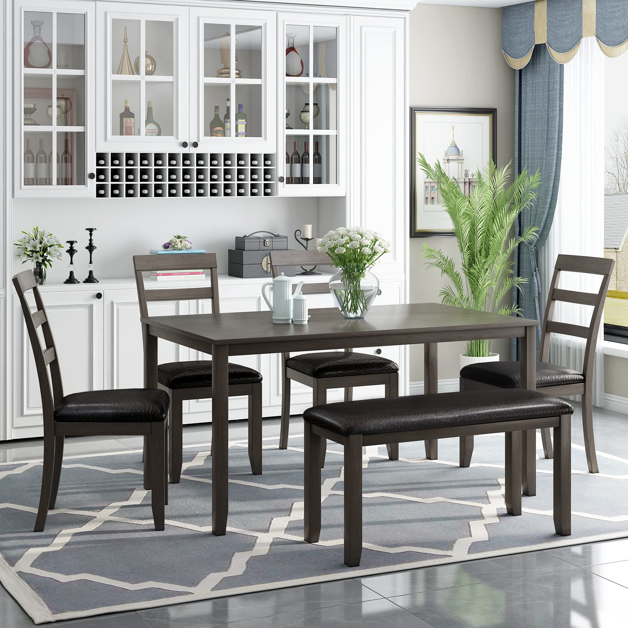 Farmhouse Style 6-Piece Wooden Dining Table Set for 6 - Rectangular Table, 4 Upholstered Chairs & Bench | Rustic Kitchen Furniture for Family Gatherings, Dinner Parties & Cozy Meals