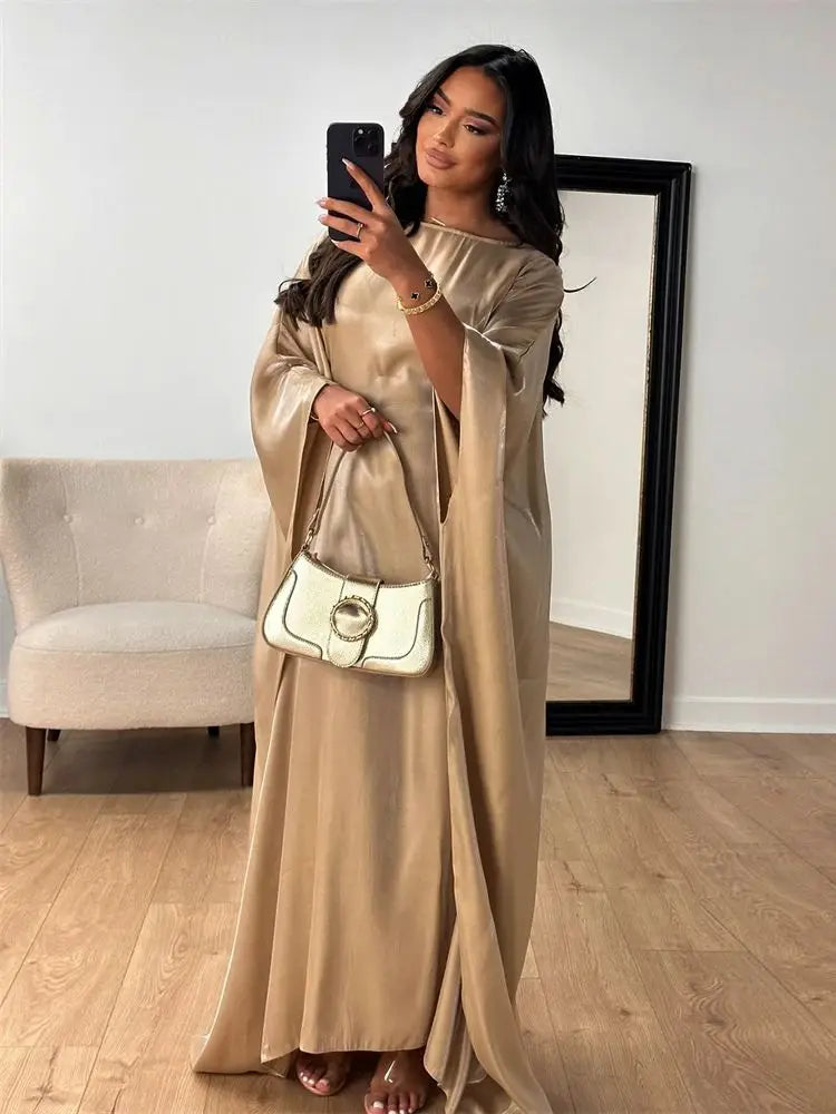 Elegant Batwing Sleeve Satin Abaya Dress for Women - Modest Muslim Prayer Dress for Eid, Wedding & Special Occasions