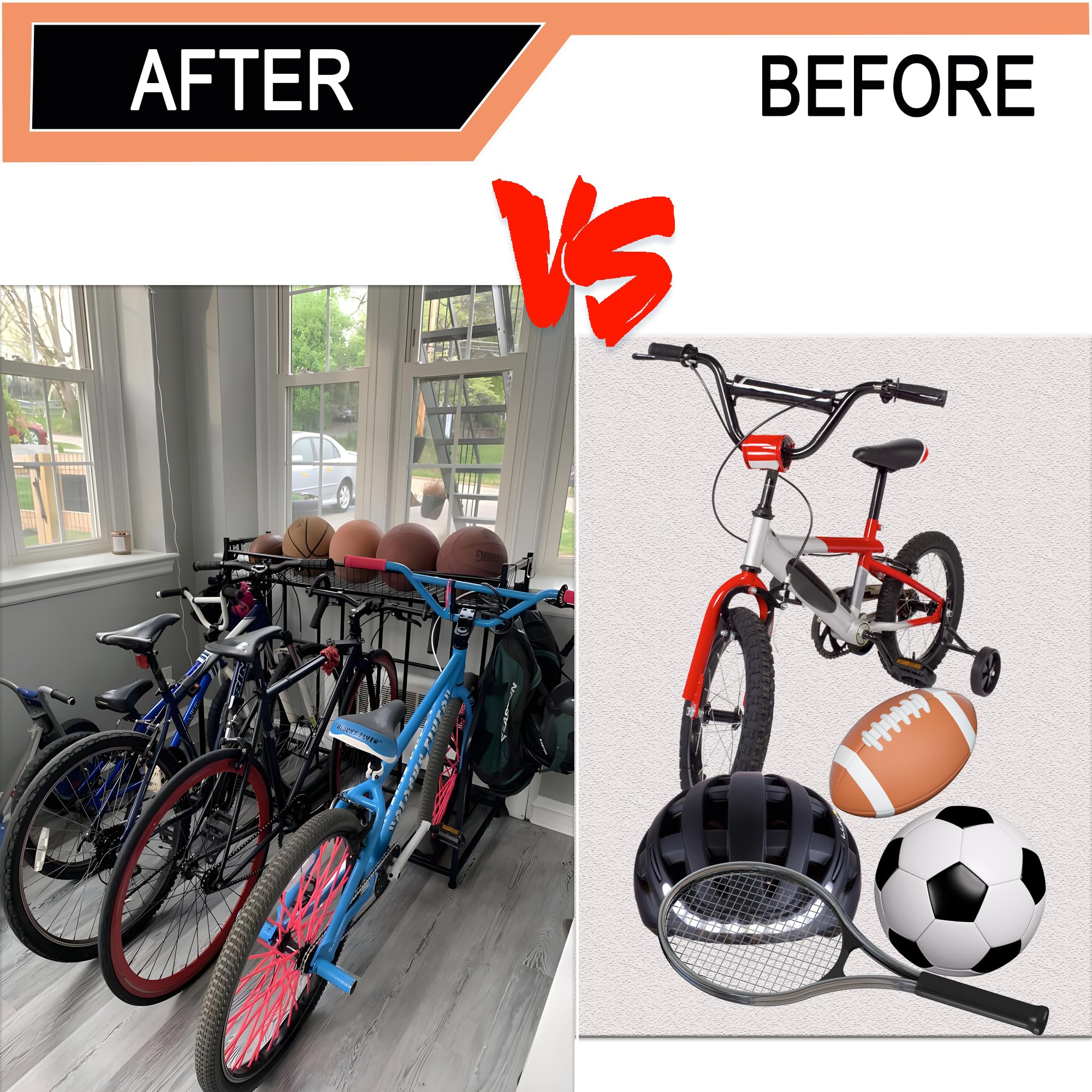 **Heavy Duty 4 Bike Rack Garage Stand - Adjustable Black Metal Floor Storage with Basket & Hooks - Fits 3