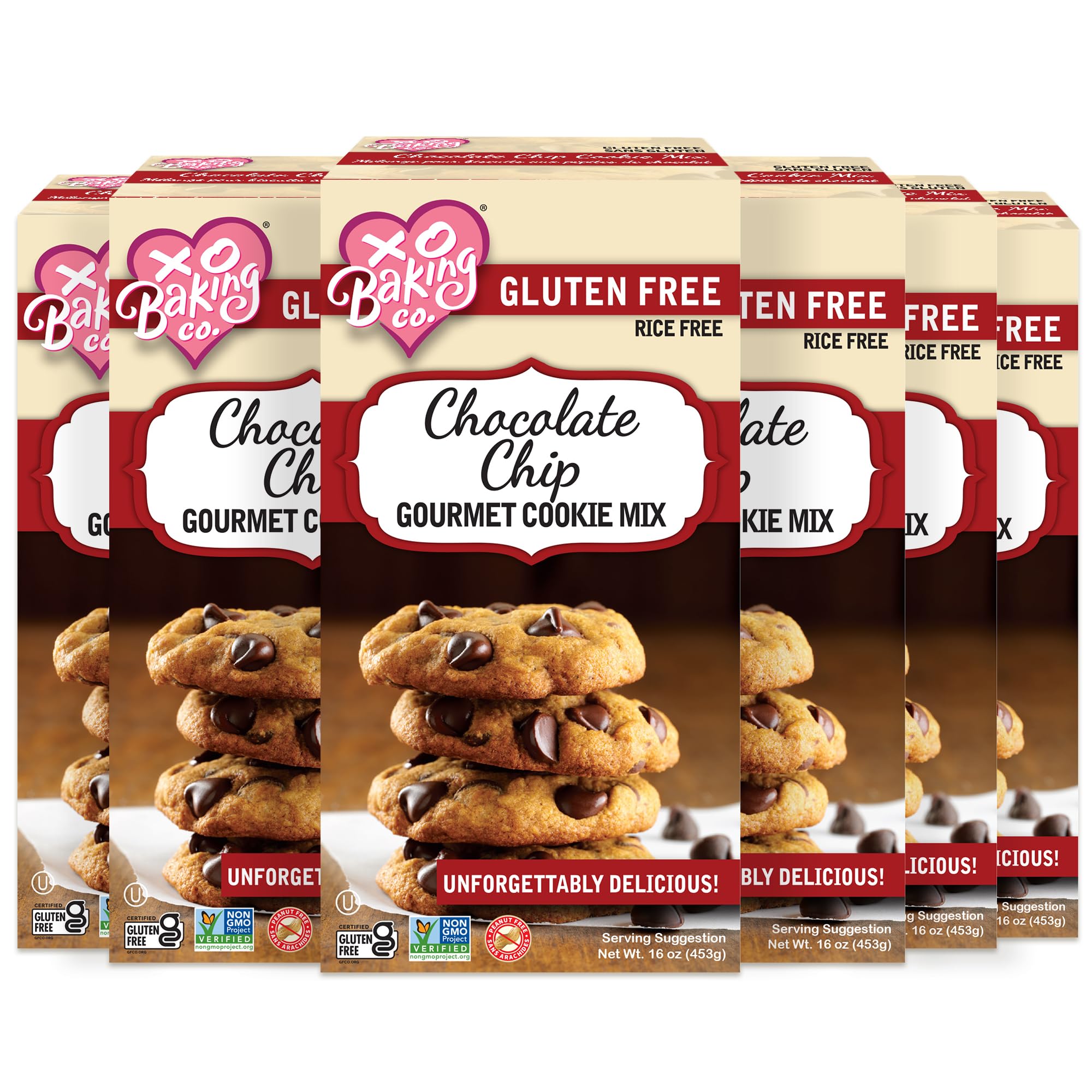 XO Baking Co. Gluten Free Chocolate Chip Gourmet Cookie Mix - Non-GMO, Kosher, Allergen Friendly (Rice/Dairy/Peanut Free), No Preservatives or Artificial Flavors - 16oz (6 Pack) for Baking, Gifts & Healthy Snacks