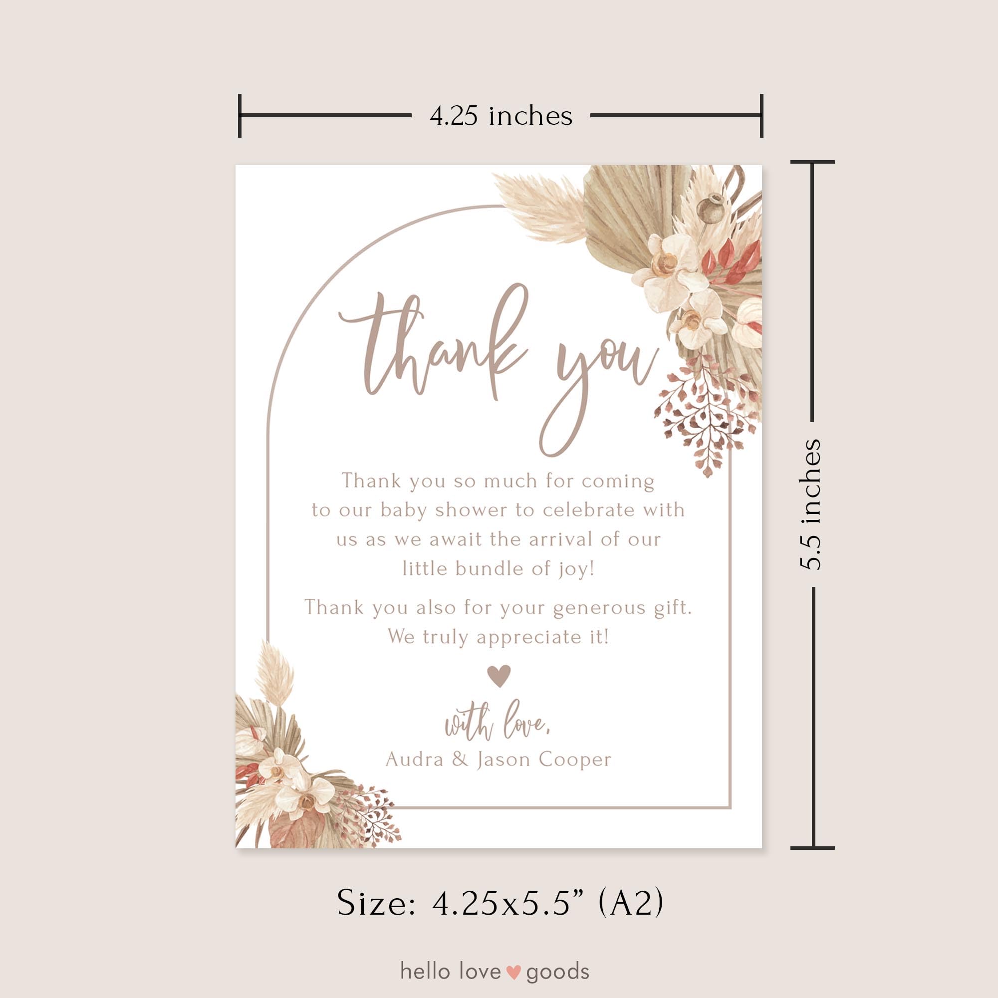 Boho Arch Pampas Grass Baby Shower Thank You Cards - Personalized 4.25x5.5 Flat Cards with Names & Message - Includes Envelopes - Perfect for Newborn Celebrations & Gender Reveal Parties