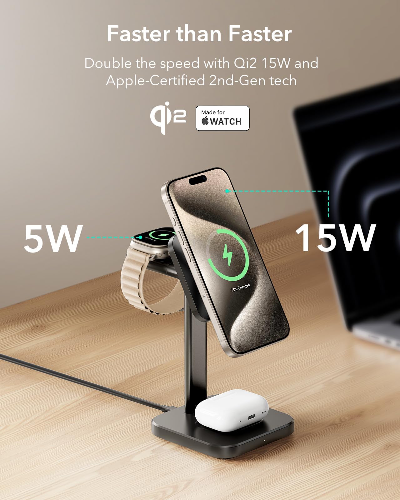 ESR Qi2 Certified 3-in-1 Wireless Charging Station - 15W MagSafe Charger Stand for iPhone 16/15/14/13, Apple Watch Charger & AirPods 4/3 - Fast Wireless Charger for Multiple Devices (Black) | Perfect for Home, Office & Travel Charging