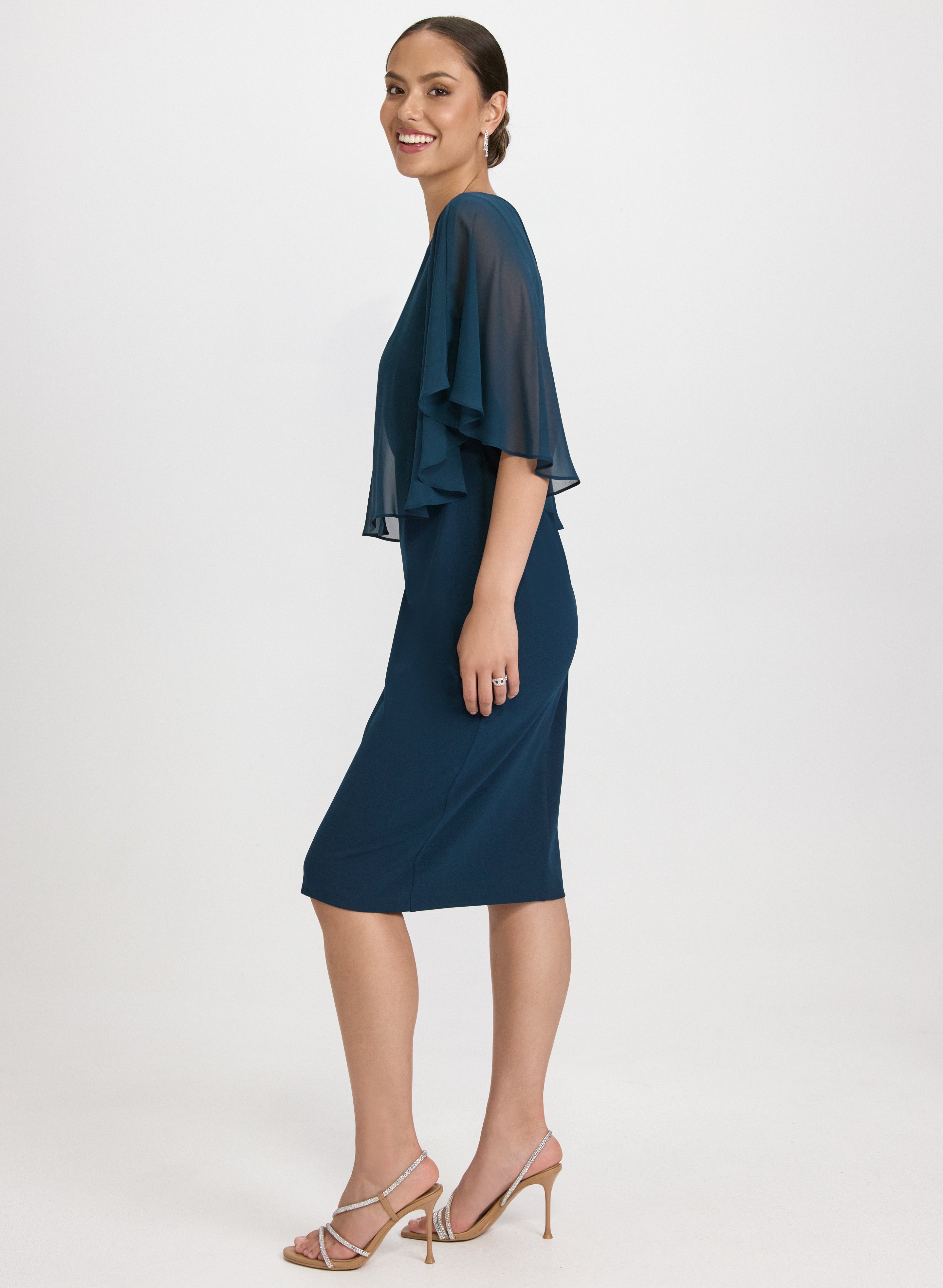 Elegant Capelet Overlay Dress for Women - Flowy Chiffon Evening Gown with Detachable Cape - Perfect for Weddings, Parties & Special Occasions