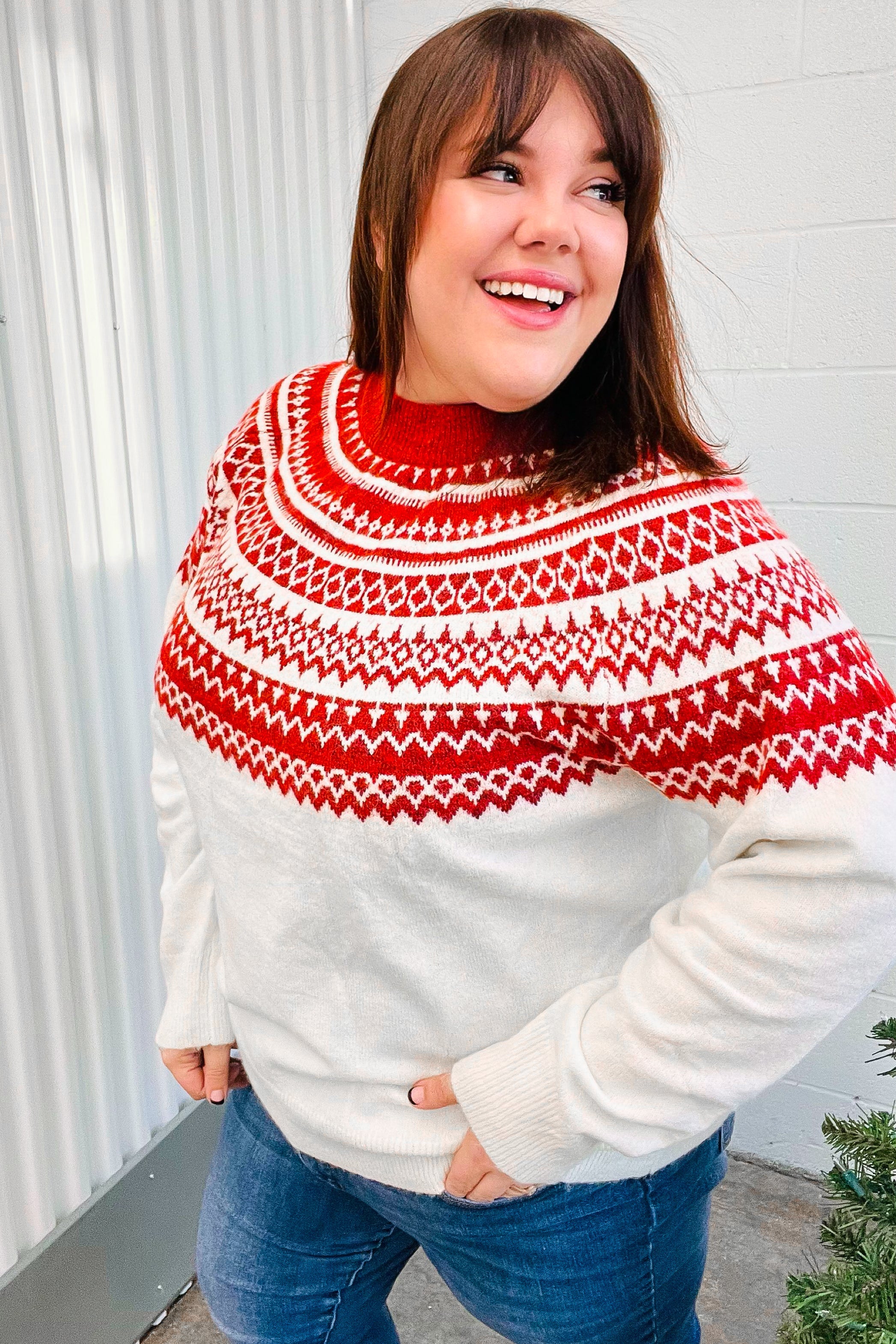 Festive Ivory & Red Fair Isle Mock Neck Sweater - Cozy Christmas Holiday Knitwear for Women, Perfect for Winter Parties & Family Gatherings