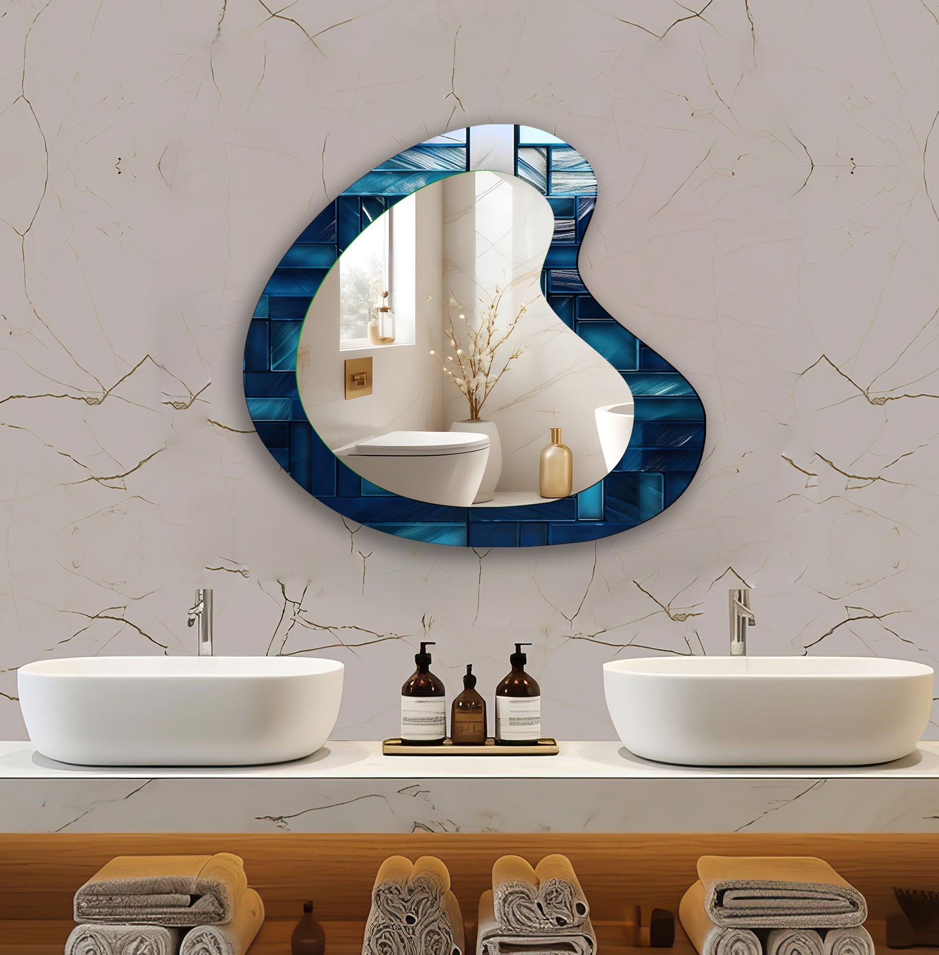 Blue Mosaic Tiles Modern Wall Mirror - Handcrafted Bathroom Vanity Mirror with Stainless Steel Frame - Perfect for Bathroom, Bedroom, and Living Room Décor