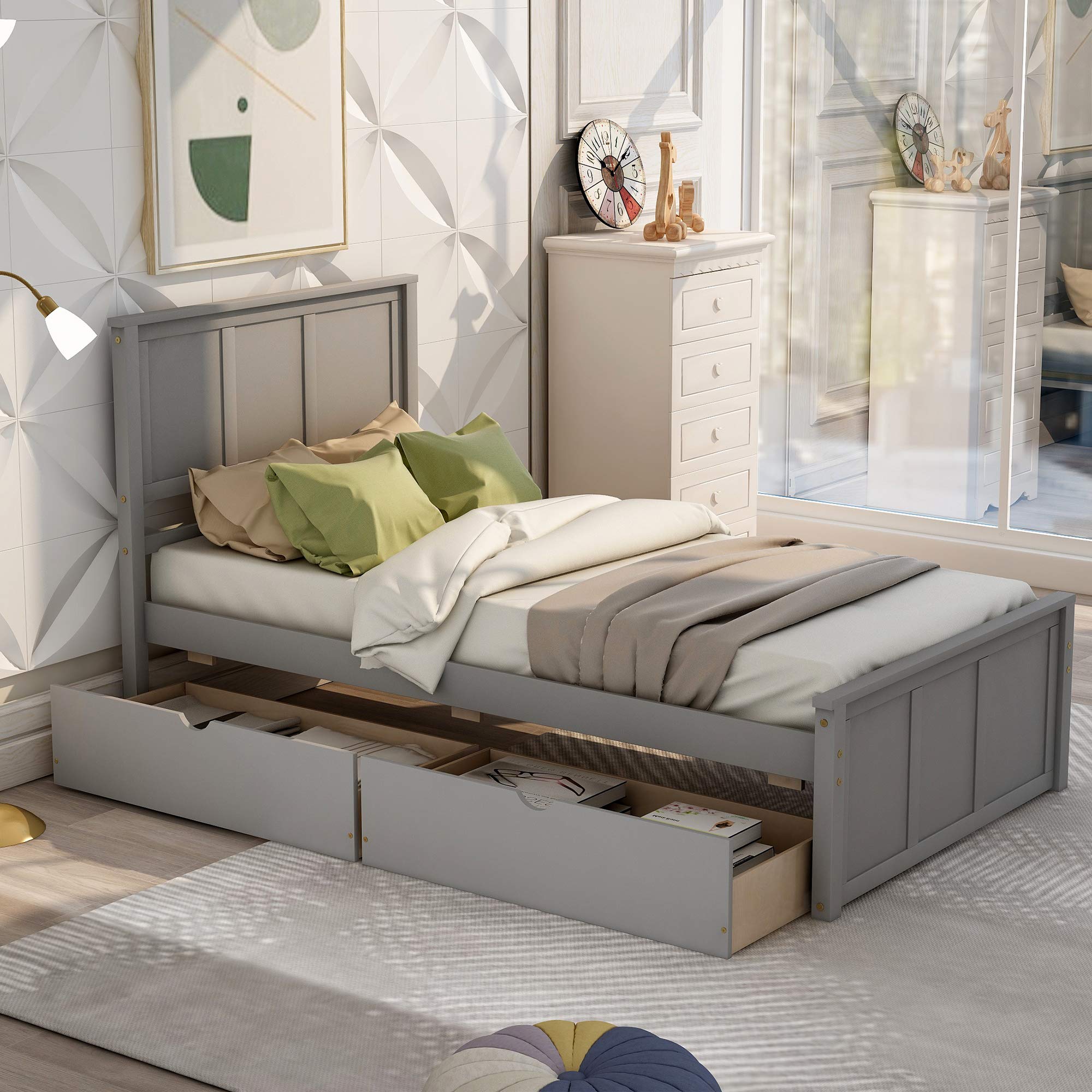 Minimalist Gray Wooden Platform Bed Frame with Storage Drawer - Easy Assembly, Retro Design for Twin Size - Perfect for Small Bedrooms, Guest Rooms & Modern Home Decor