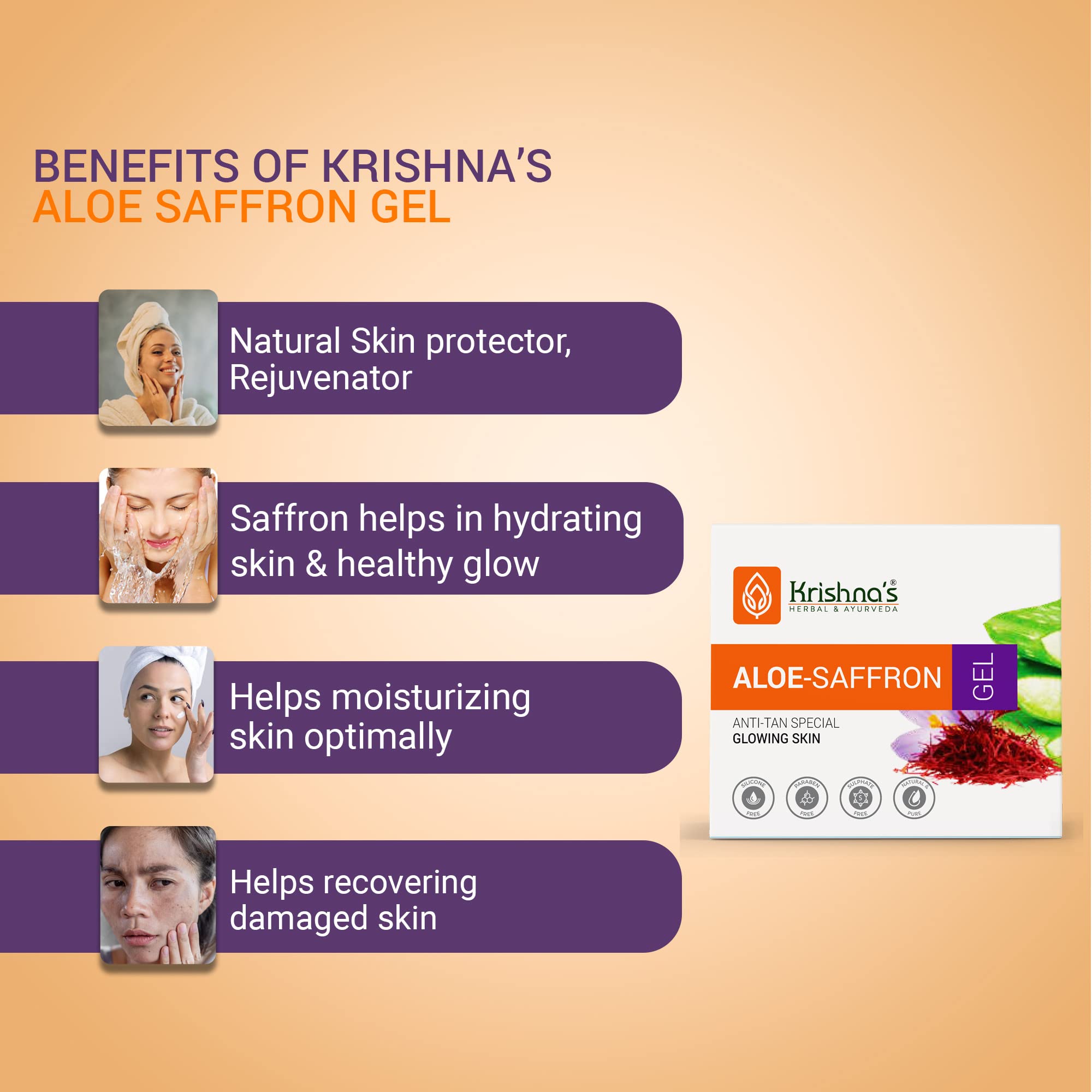 KRISHNA'S HERBAL & AYURVEDA Aloe Vera Gel with Saffron for Acne, Scars & Glowing Skin | Kesar Aloe Vera Face Gel for Hydration & Radiance | Best Natural Aloe Vera Gel for Face Care | 250g | Perfect for Daily Skincare & Sunburn Relief