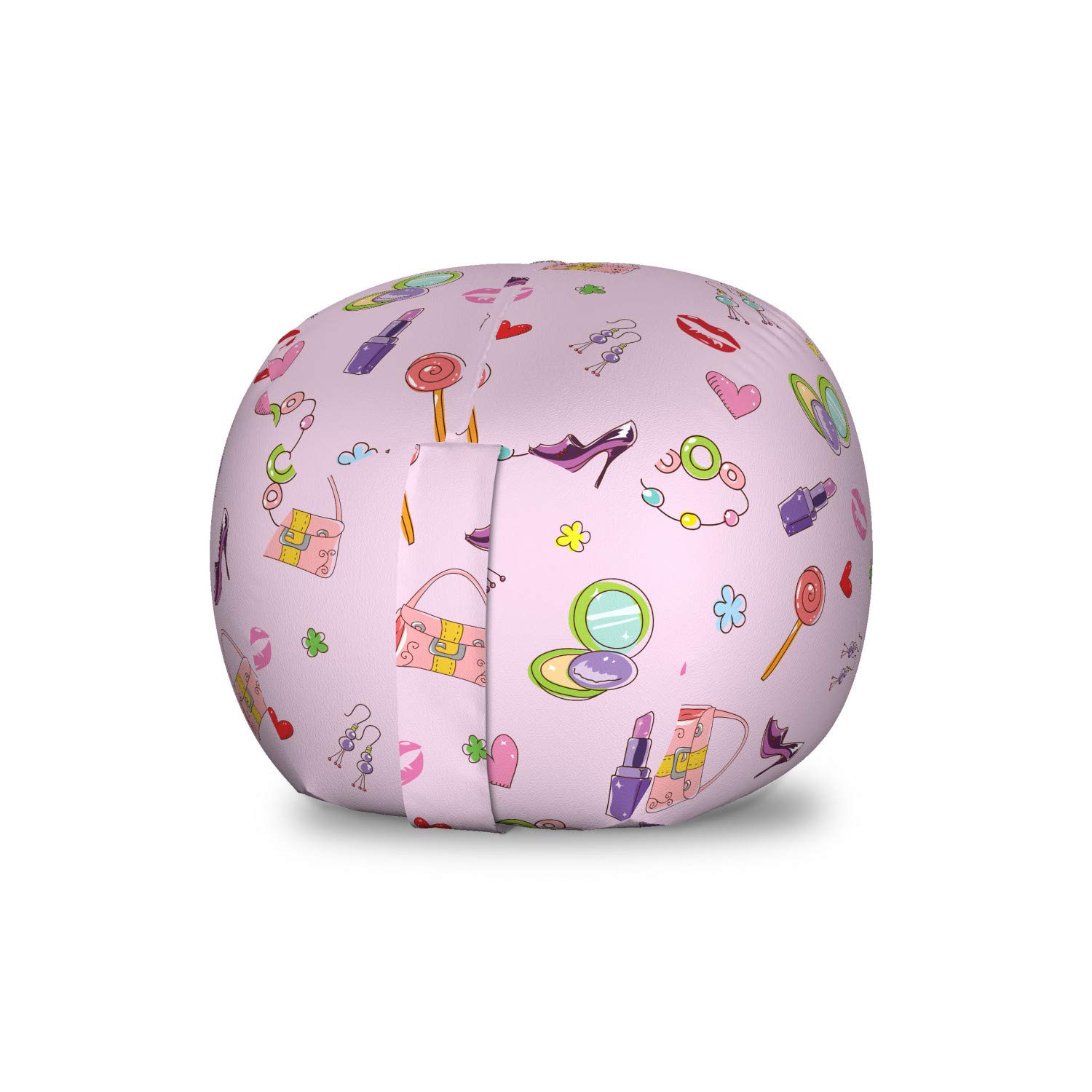 Ambesonne Cartoon Toy Storage Bag Chair - Girls Fashion Accessories & Makeup Print Organizer - Washable Stuffed Animal Holder - Small Multicolor for Kids Room, Playroom & Bedroom Decor