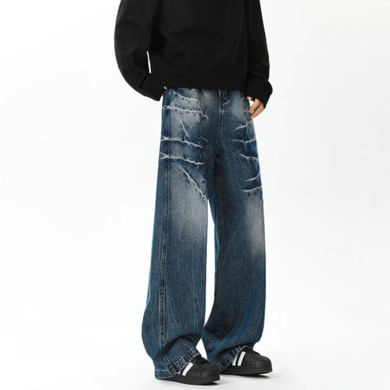 Vintage Washed Baggy Loose Wide Leg Jeans for Men - Lightning Patterned Casual Streetwear with Niche Design (Style 9C9260) | Perfect for Hip-Hop Fashion, Urban Street Style and Retro Outfits
