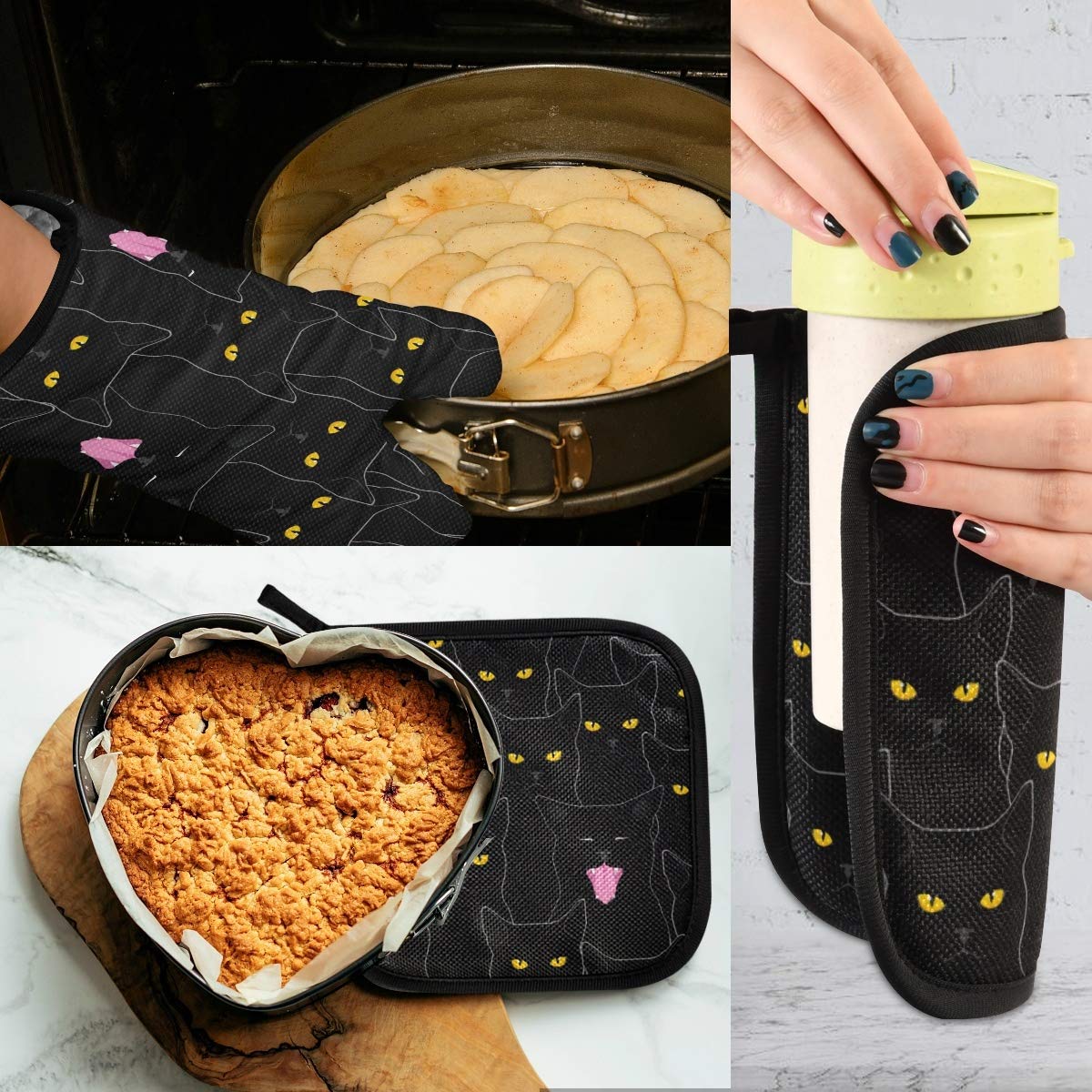 **Heat Resistant Oven Mitts & Pot Holders Set - Non-Slip Cute Black Cat Design for BBQ, Baking, Cooking & Grilling - Perfect Kitchen Accessories for Safe & Stylish Cooking**
