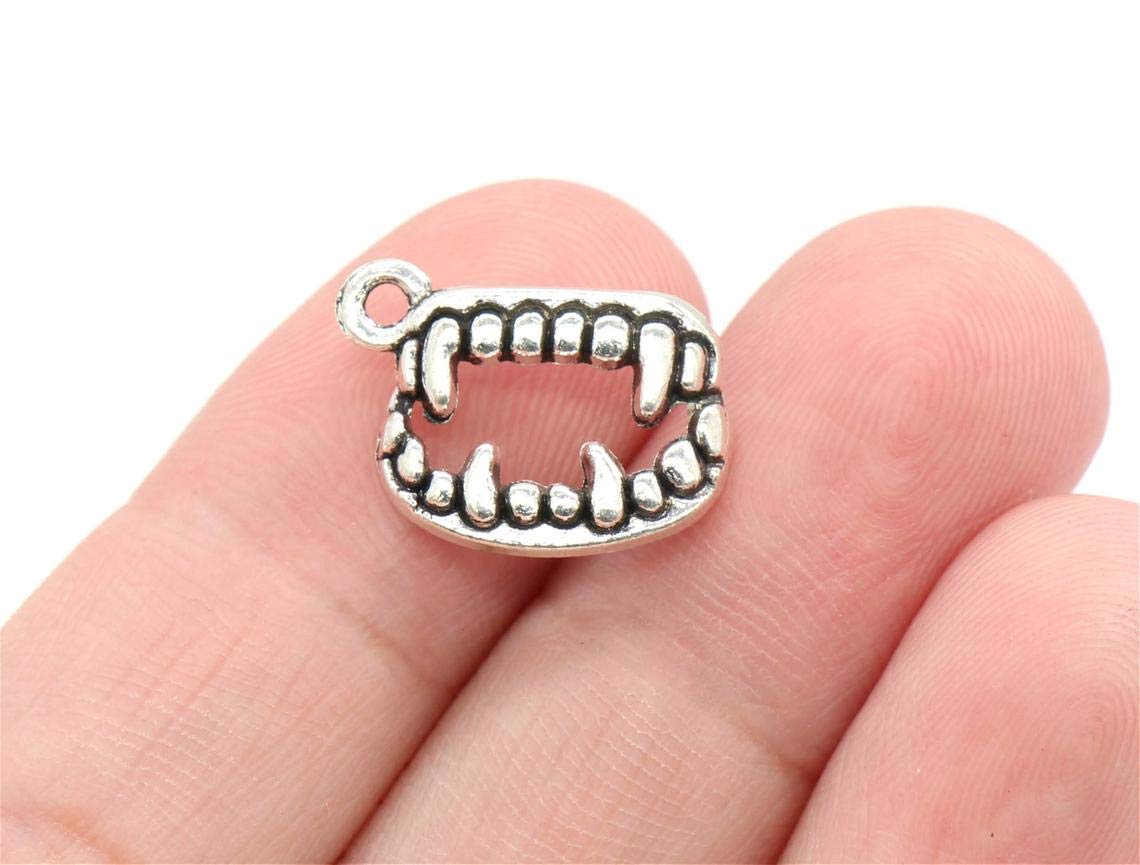 8 Pcs Antique Silver Tone Vampire Teeth Charms (17x13mm) - Perfect for Halloween Costumes, Gothic Jewelry & DIY Crafts - YD0657