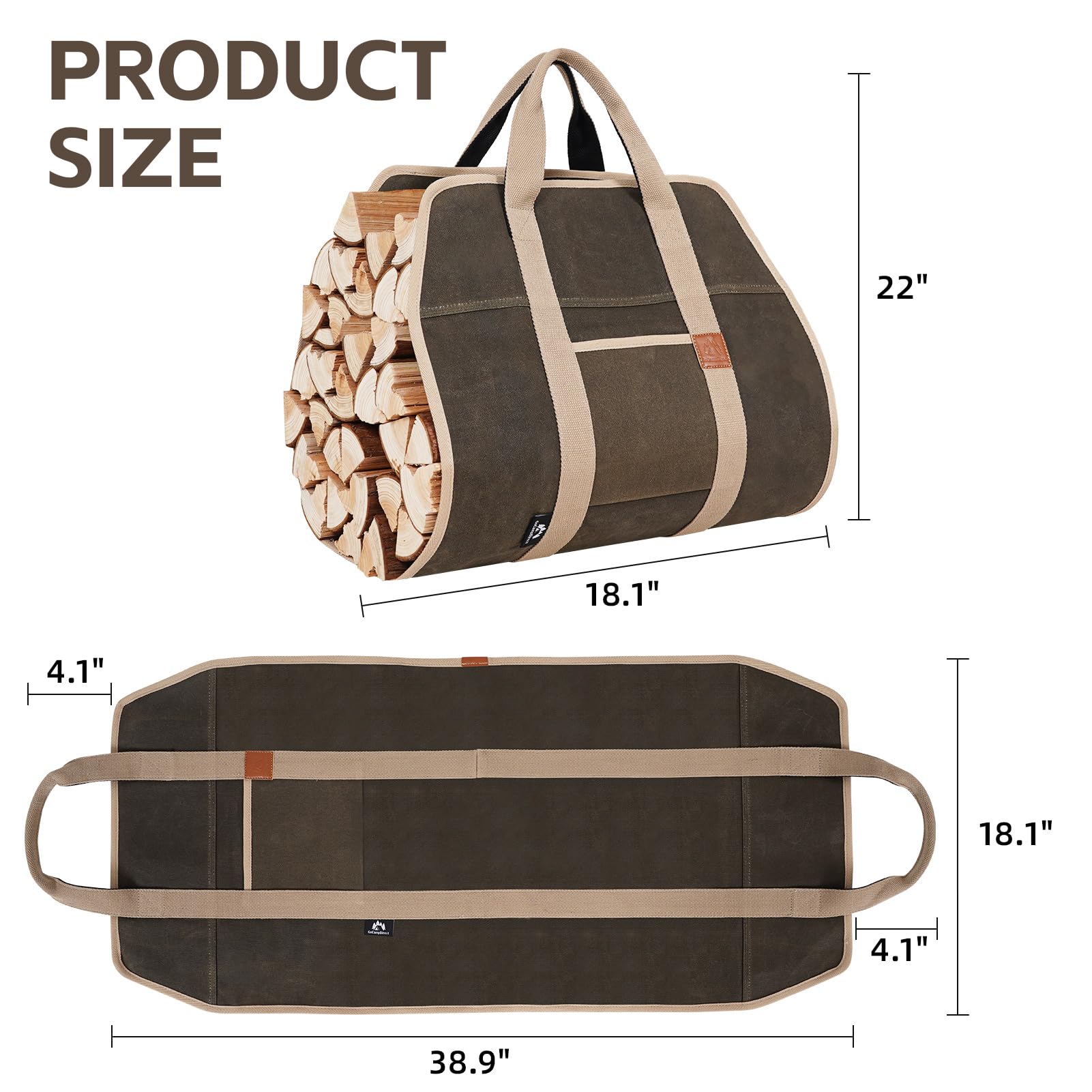 Heavy Duty Firewood Carrier with Handles - 39×18 Inch Waxed Canvas Log Tote Bag | Waterproof Wood Carrying Bag for Camping, Fireplace & Indoor Use | Durable Firewood Storage Solution (Army Green) - Perfect for Outdoor Adventures, Backyard Gatherings & Cozy Winter Nights by the Fireplace