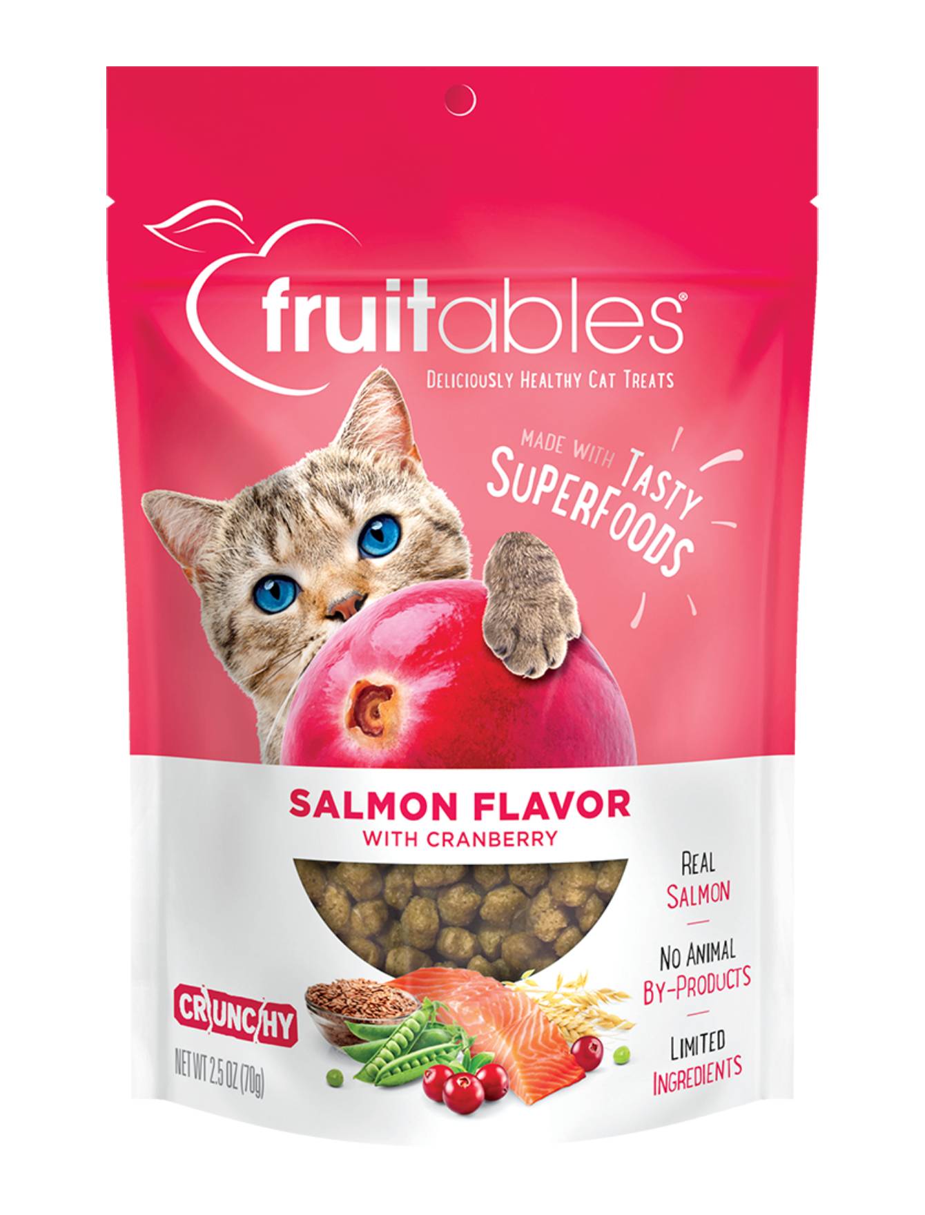Fruitables Crunchy Salmon with Cranberry Cat Treats 2.5oz - Healthy Natural Cat Snacks for Indoor & Outdoor Cats - Perfect for Training, Rewards, and Bonding Time