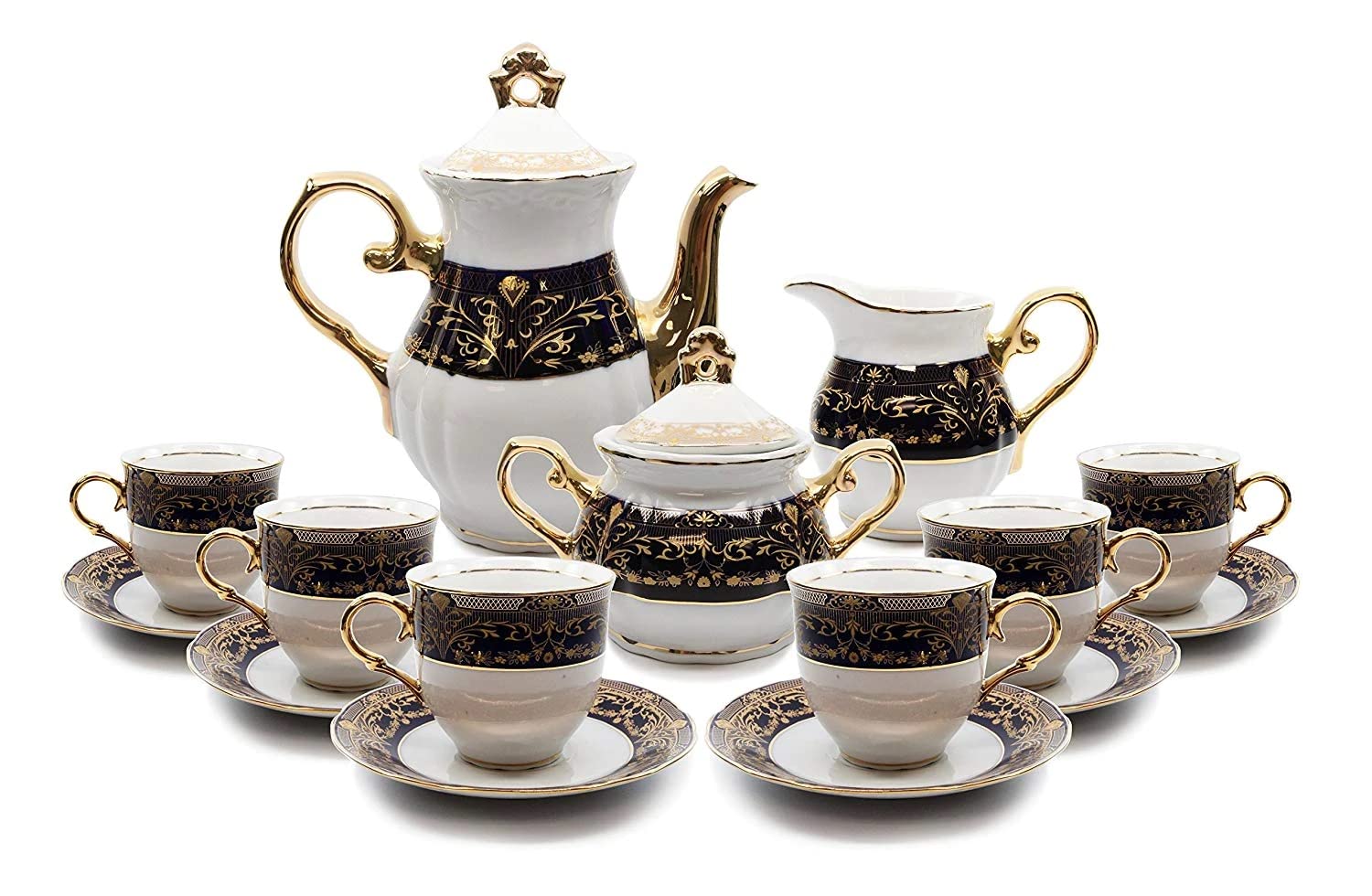 Royalty Porcelain 17-Piece Floral Dark Cobalt Blue Tea Set - Elegant Czech Tableware for Afternoon Tea, Bridal Shower & Home Decor