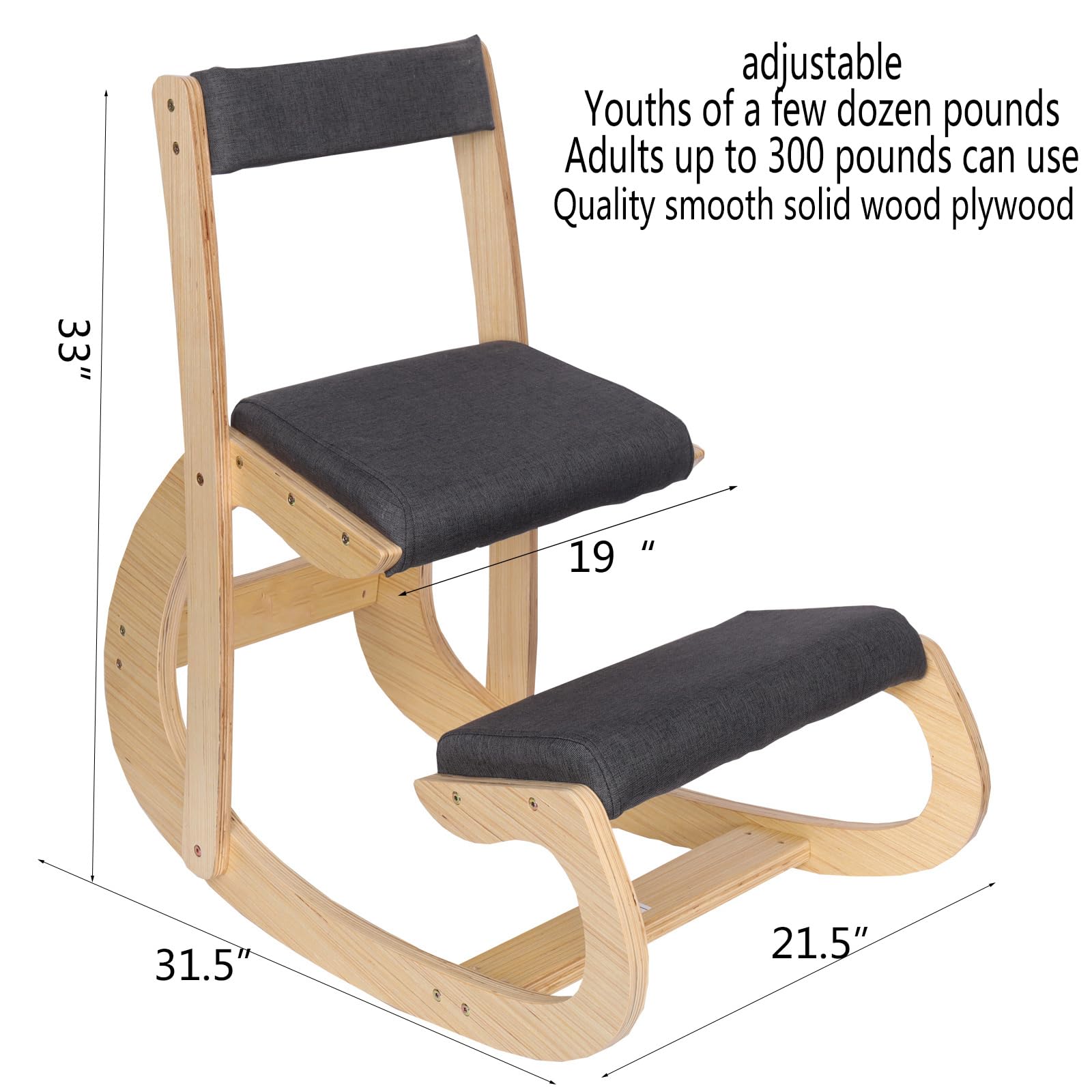 Ergonomic Kneeling Chair - Adjustable Rocking Office Chair with Back Support for Home & Desk, Wooden Kneeling Stool for Better Posture | Perfect for Home Office, Meditation & Back Pain Relief