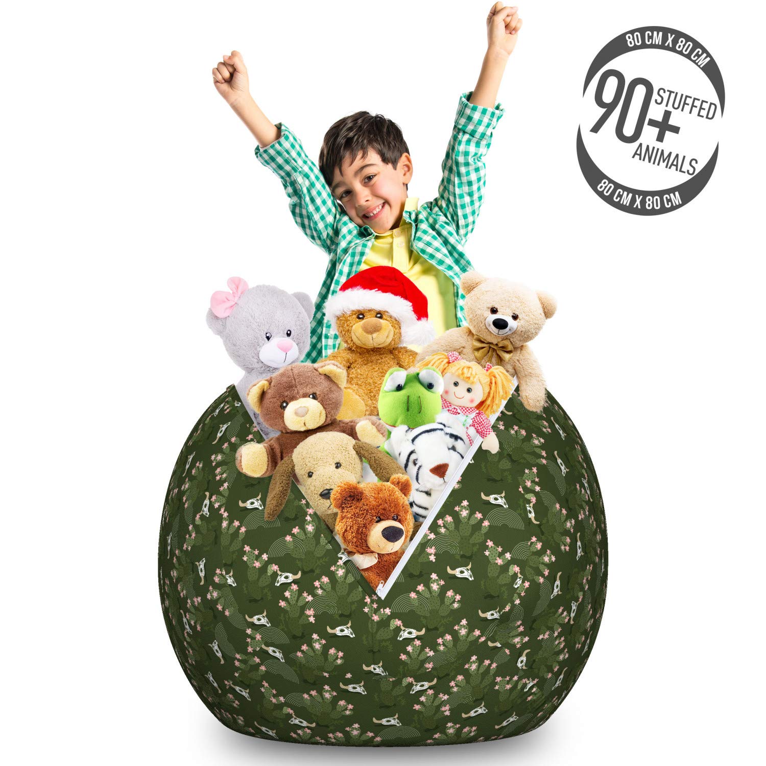 Ambesonne Floral Storage Toy Bag Chair - Large Washable Stuffed Animal Organizer with Cactus Flower & Skull Design in Evergreen Sage Green - Perfect for Kids' Room, Nursery, Playroom & Home Organization