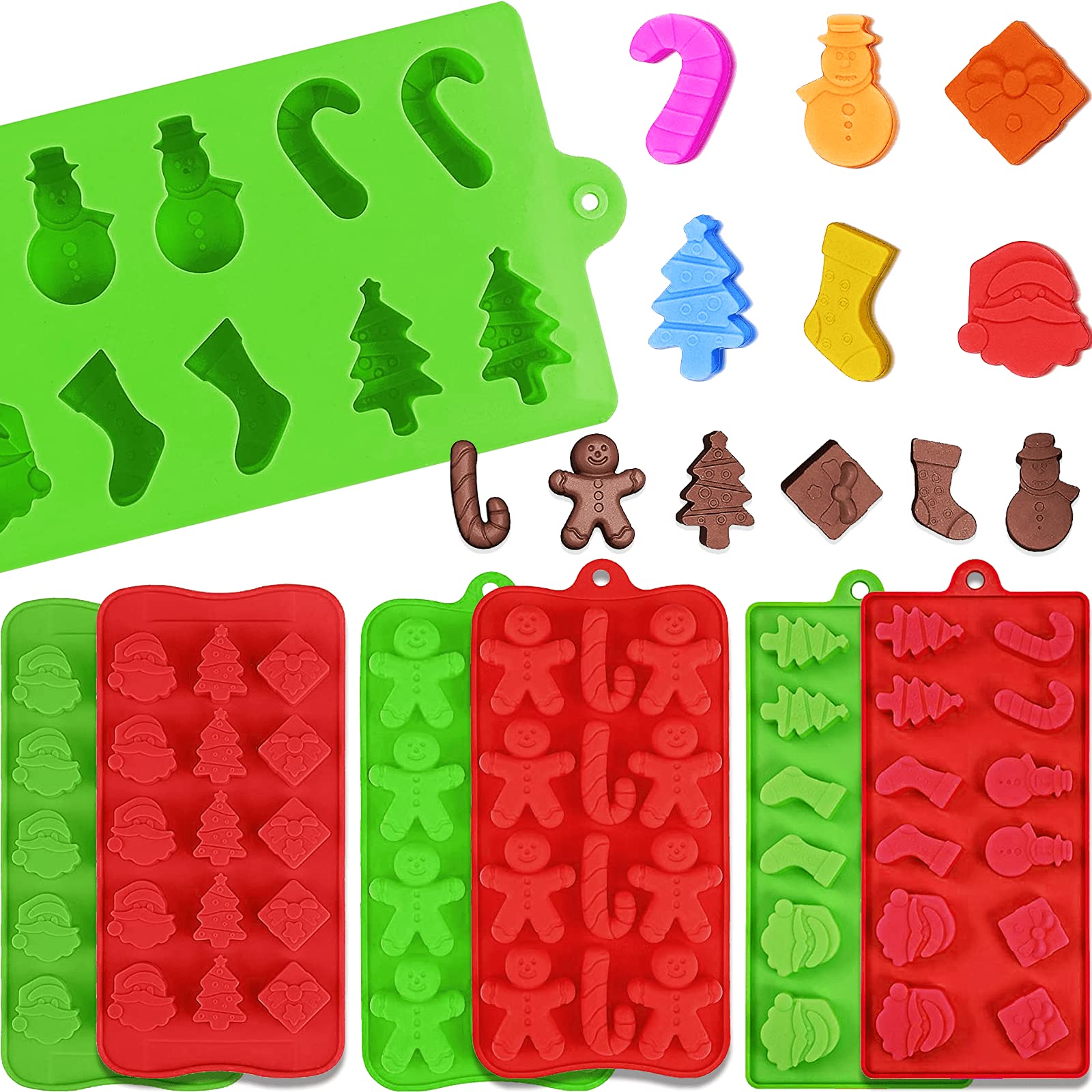6Pcs Christmas Silicone Molds Set - Santa, Snowman, Tree, Gingerbread, Star & Candy Cane Shapes for Chocolate, Candy, Cake Toppers, Ice Cubes & Jello - Perfect for Holiday Baking, Party Decor & DIY Gifts