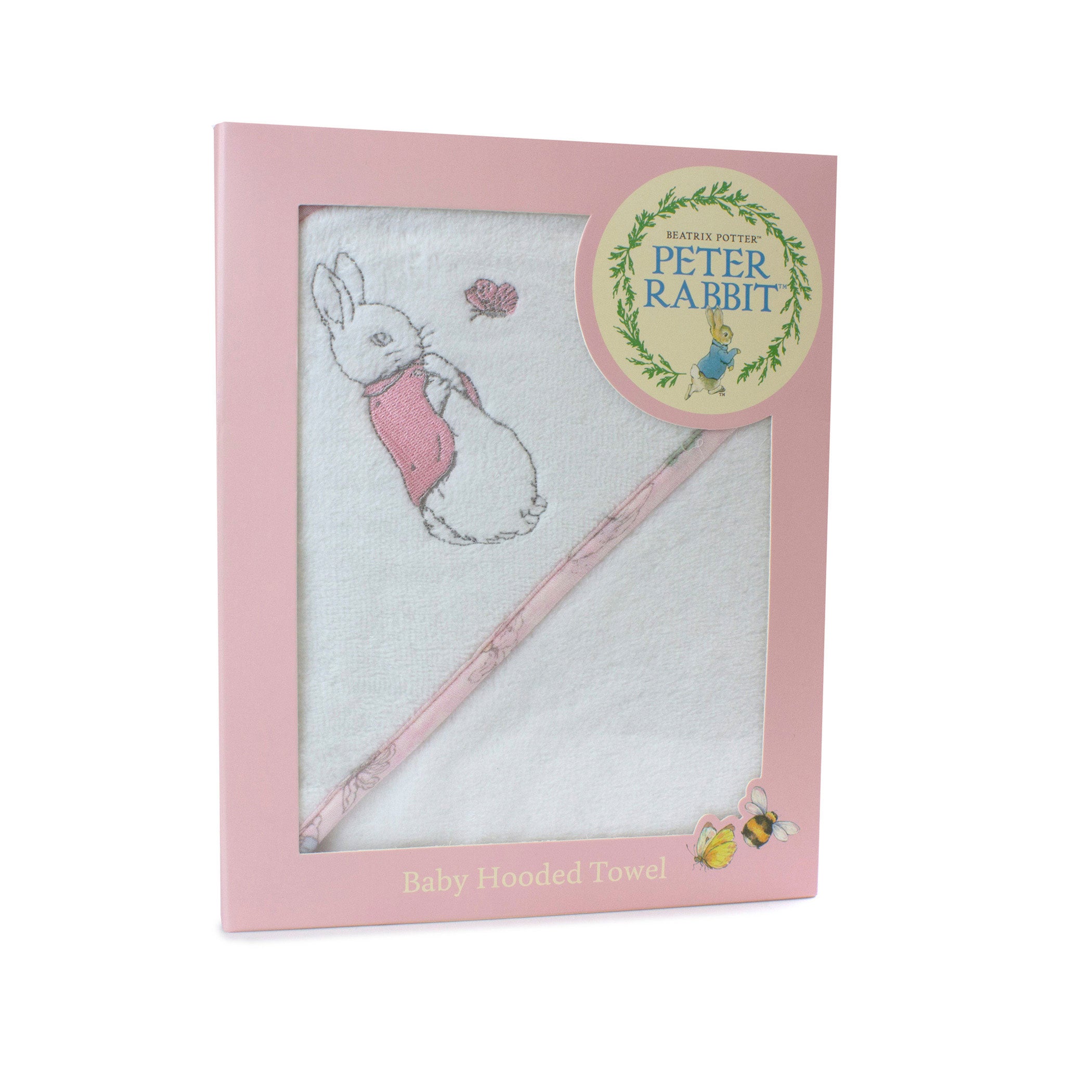 Peter Rabbit 'Hop Little Rabbit' Hooded Towel & Face Washers Set - Soft Baby Bath Towel with Cute Bunny Hood for Newborn & Toddler - Perfect for Bath Time, Baby Shower Gift & Nursery Essentials (Pink)