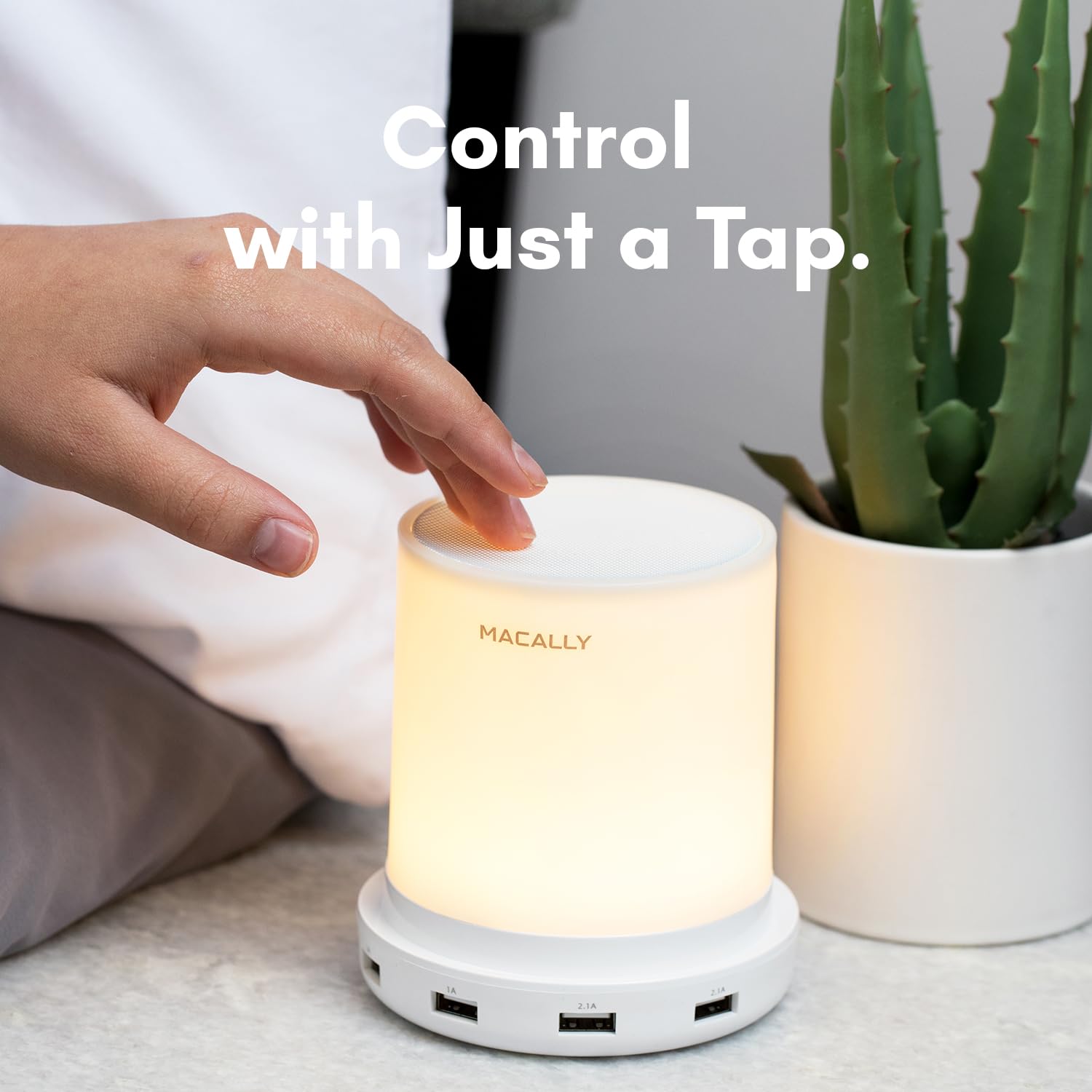 Macally Small Touch Nightstand Lamp with USB Port - 3-Way Dimmable Bedside Table Lamp for Small Spaces - Perfect as Night Light & Phone Charger in Bedroom, Office, or Nursery